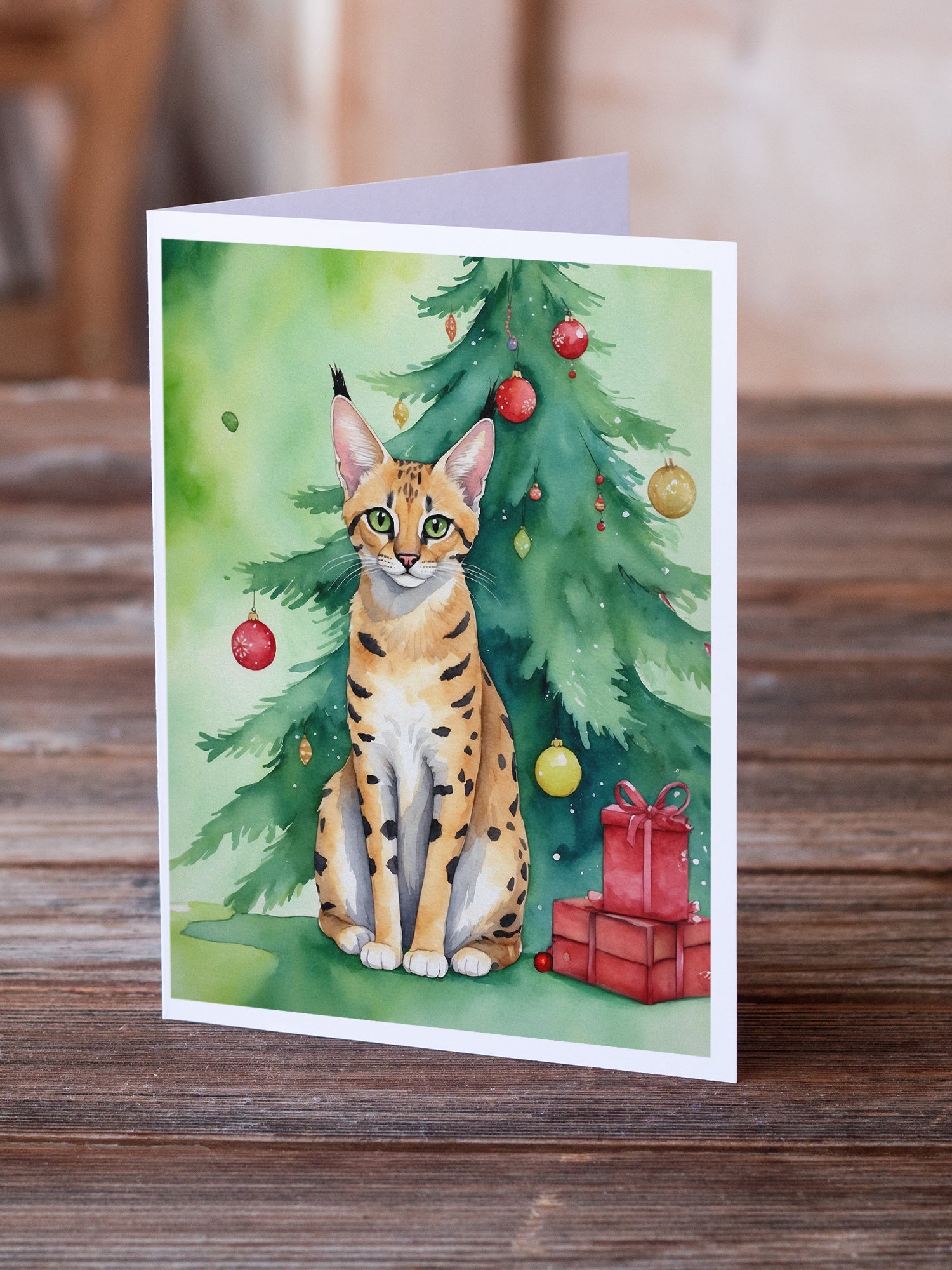 Caroline's Treasures Serengeti Cat By the Christmas Tree Greeting Cards - Blank Note Cards – 8-Pack of Artist-Designed Cards with Envelopes