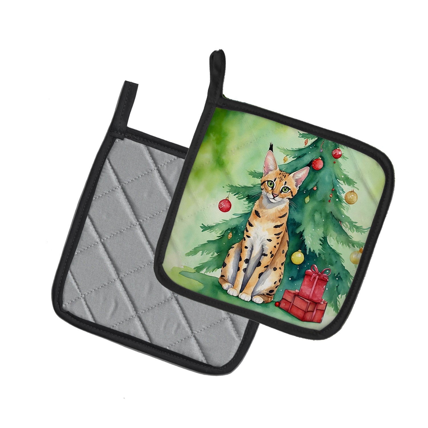Caroline's Treasures Serengeti Cat By the Christmas Tree Pot Holders - Set of 2 Decorative Kitchen Helpers | Made in the USA