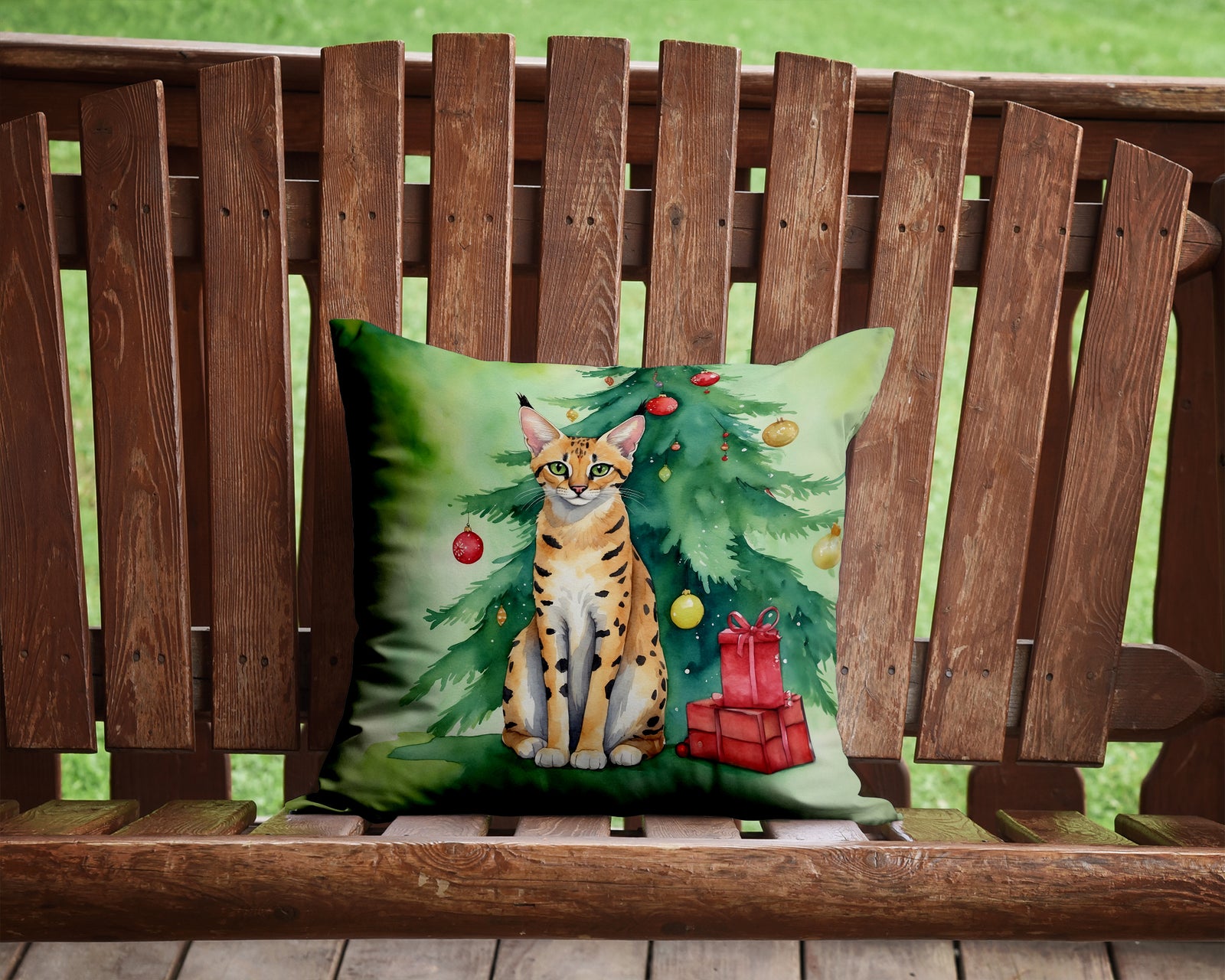 Caroline's Treasures Serengeti Cat By the Christmas Tree Throw Pillow - 14x14 Decorative Pillow – Art for Your Home & Patio