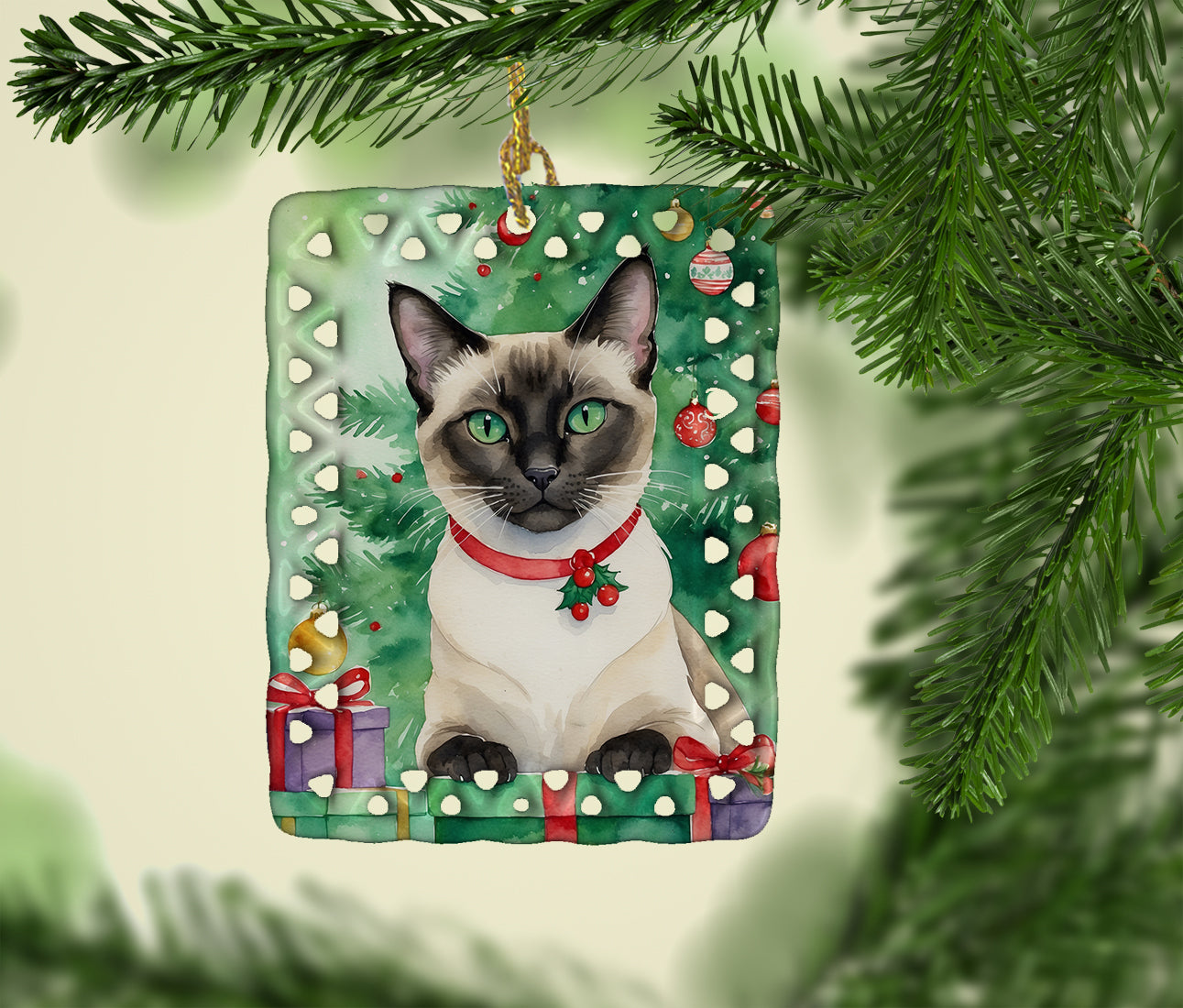 Caroline's Treasures Siamese Cat By the Christmas Tree Porcelain Ornament
