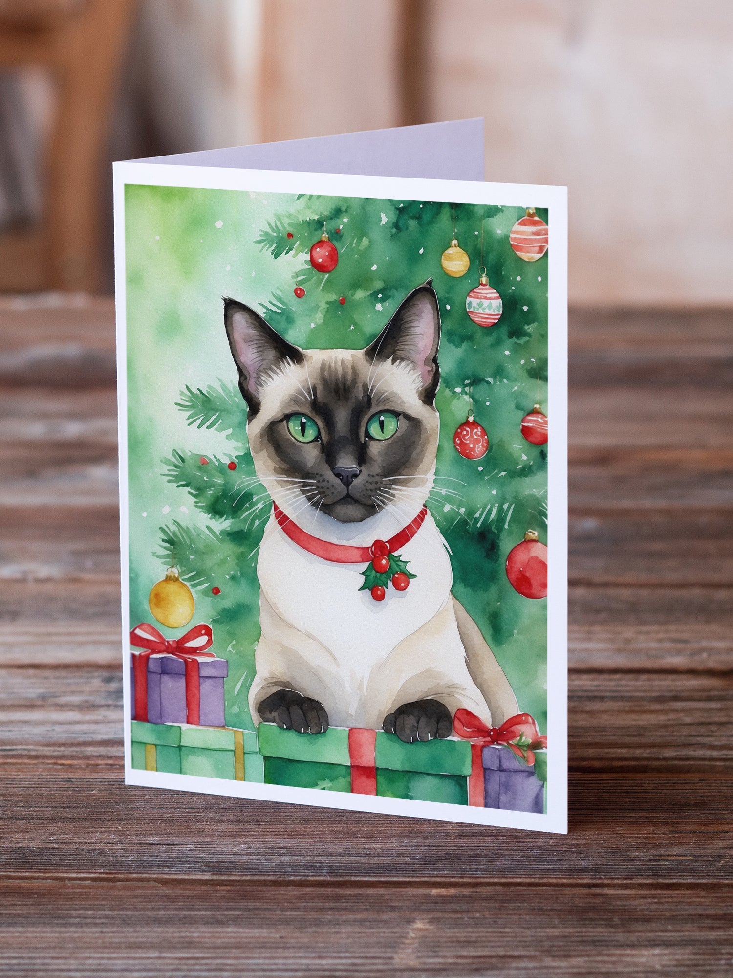 Caroline's Treasures Siamese Cat By the Christmas Tree Greeting Cards - Blank Note Cards – 8-Pack of Artist-Designed Cards with Envelopes