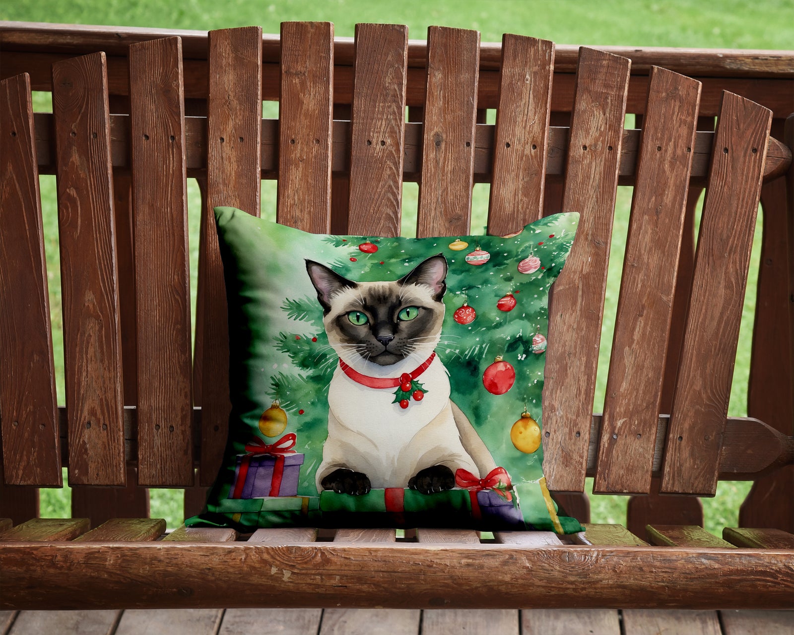 Caroline's Treasures Siamese Cat By the Christmas Tree Throw Pillow - 14x14 Decorative Pillow – Art for Your Home & Patio
