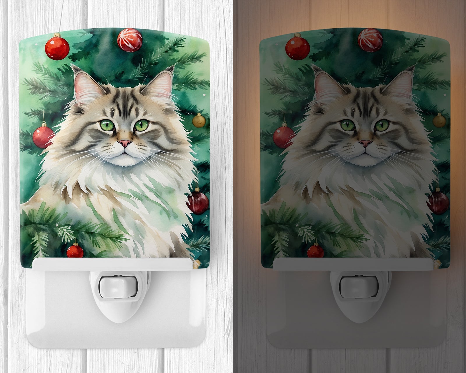 Caroline's Treasures Siberian Cat By the Christmas Tree Ceramic Night Light
