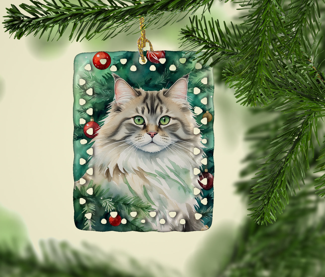 Caroline's Treasures Siberian Cat By the Christmas Tree Porcelain Ornament