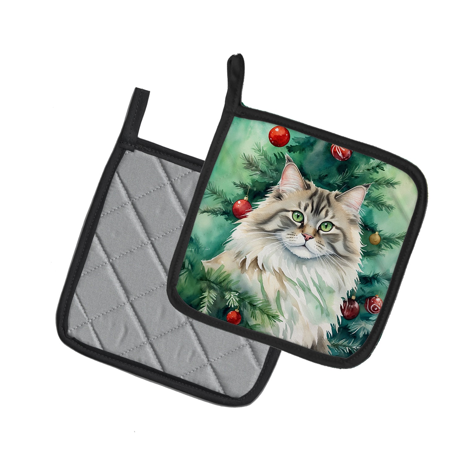 Caroline's Treasures Siberian Cat By the Christmas Tree Pot Holders - Set of 2 Decorative Kitchen Helpers | Made in the USA