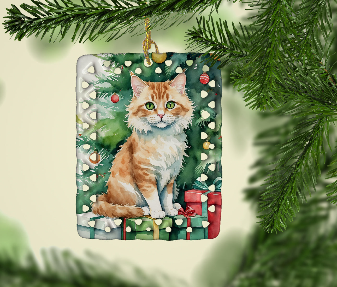 Caroline's Treasures Skookum Cat By the Christmas Tree Porcelain Ornament