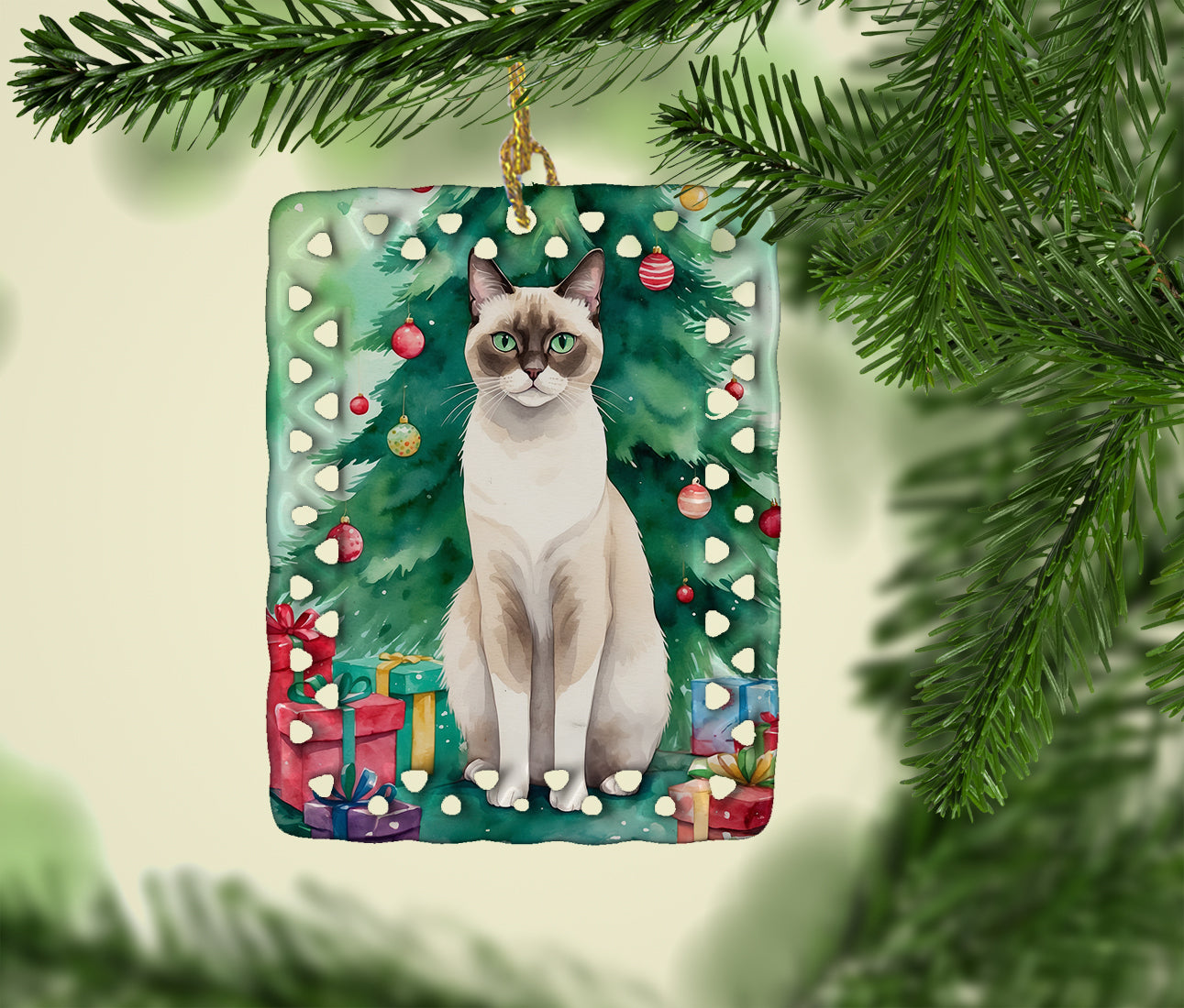 Caroline's Treasures Snowshoe Cat By the Christmas Tree Porcelain Ornament