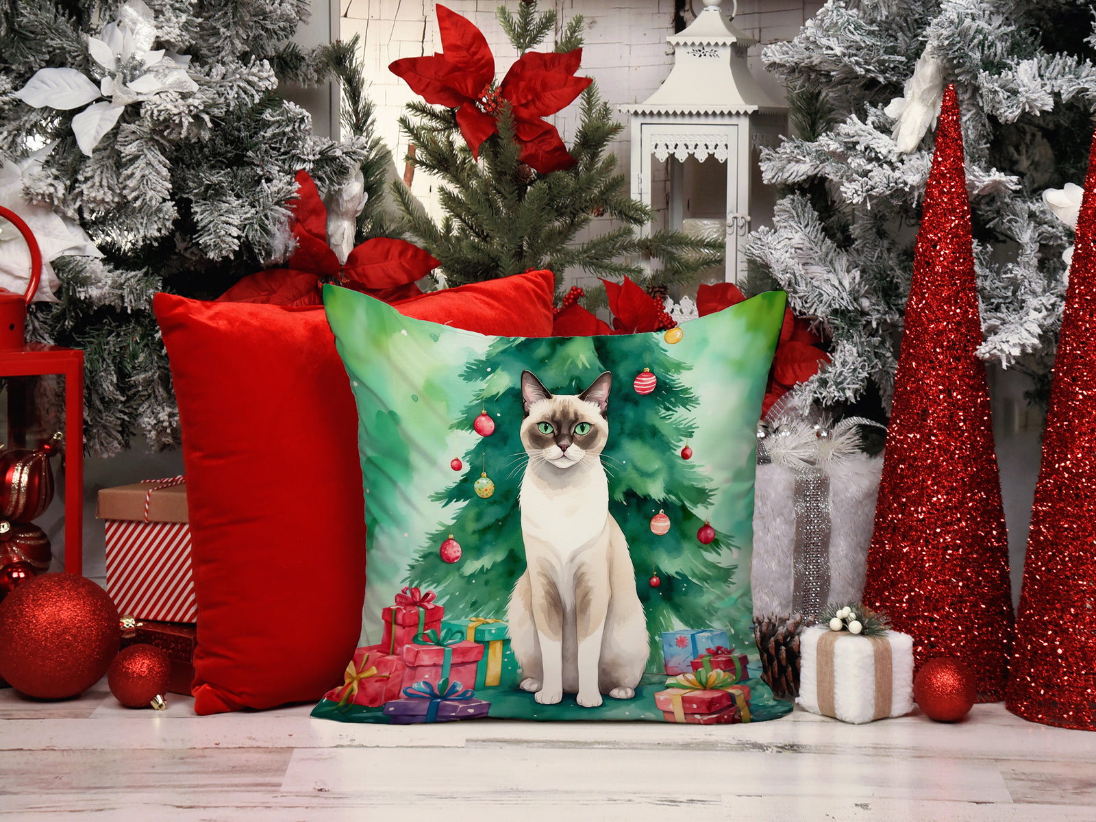 Caroline's Treasures Snowshoe Cat By the Christmas Tree Throw Pillow