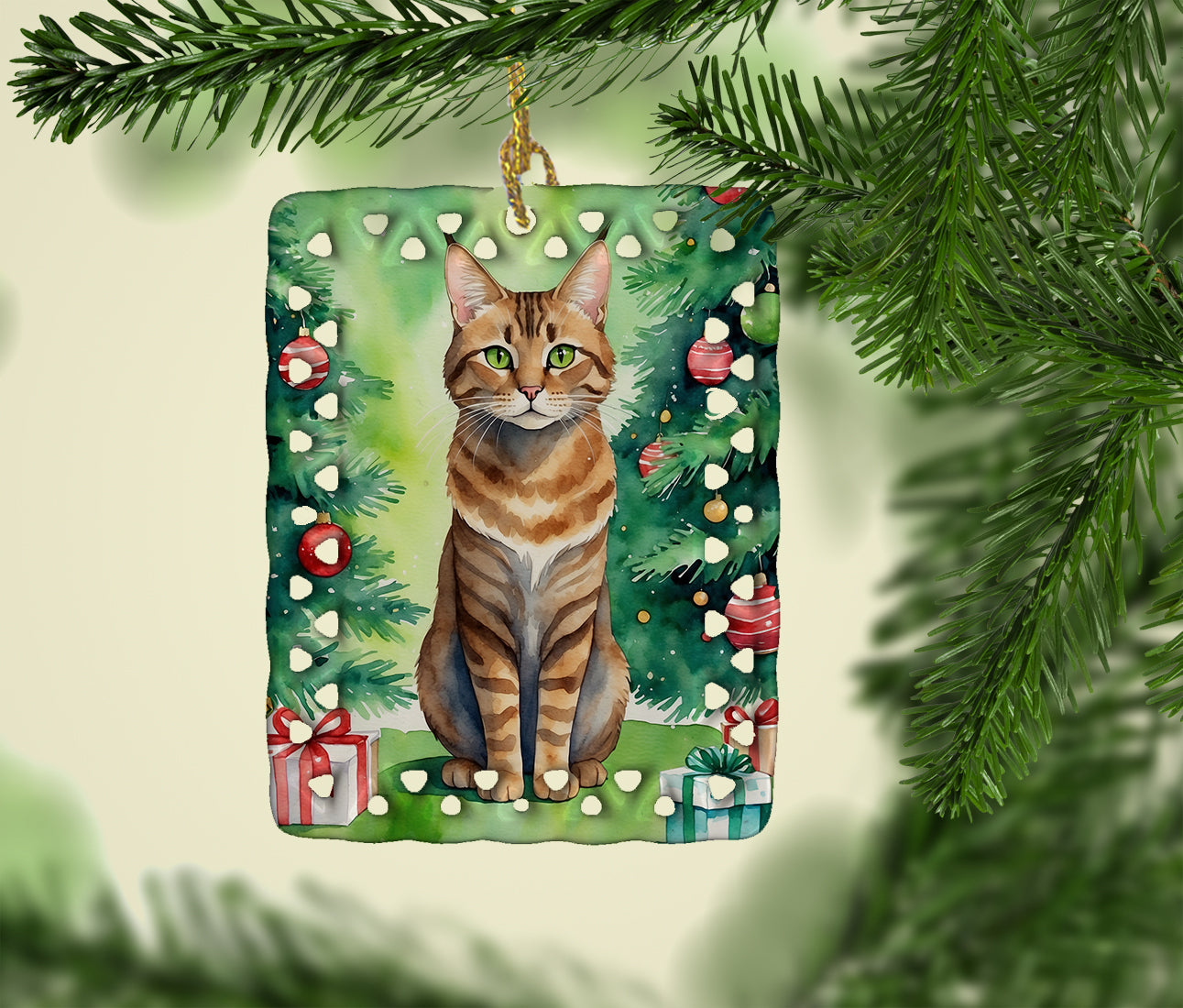Caroline's Treasures Sokoke Cat By the Christmas Tree Porcelain Ornament