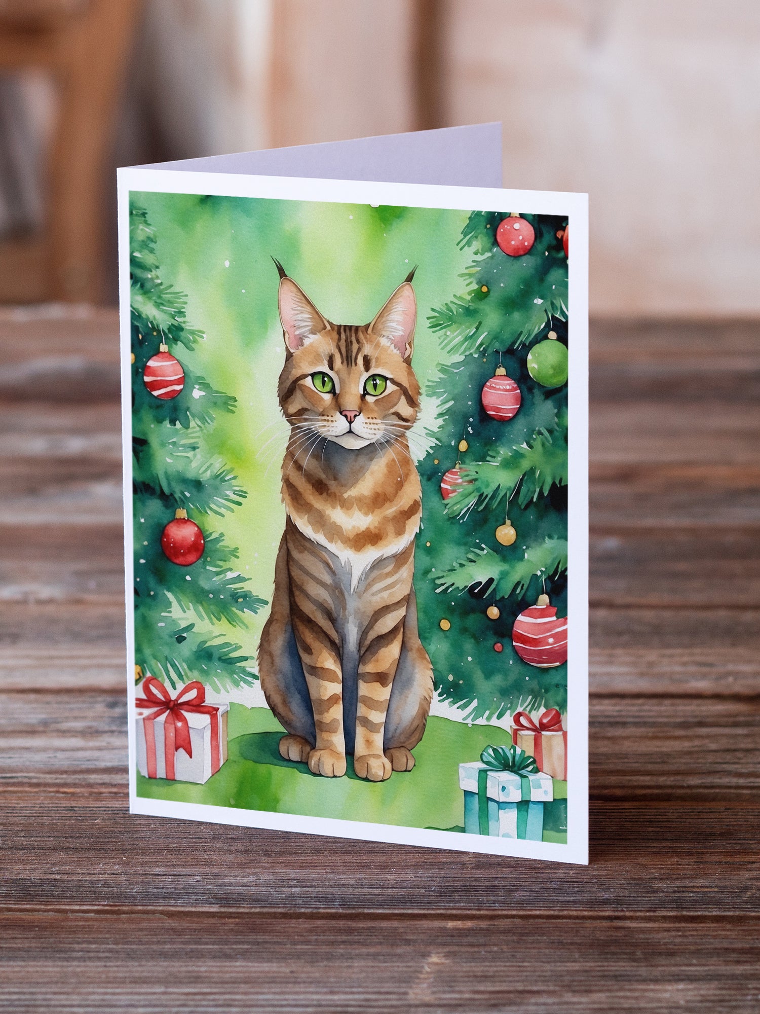 Caroline's Treasures Sokoke Cat By the Christmas Tree Greeting Cards - Blank Note Cards – 8-Pack of Artist-Designed Cards with Envelopes