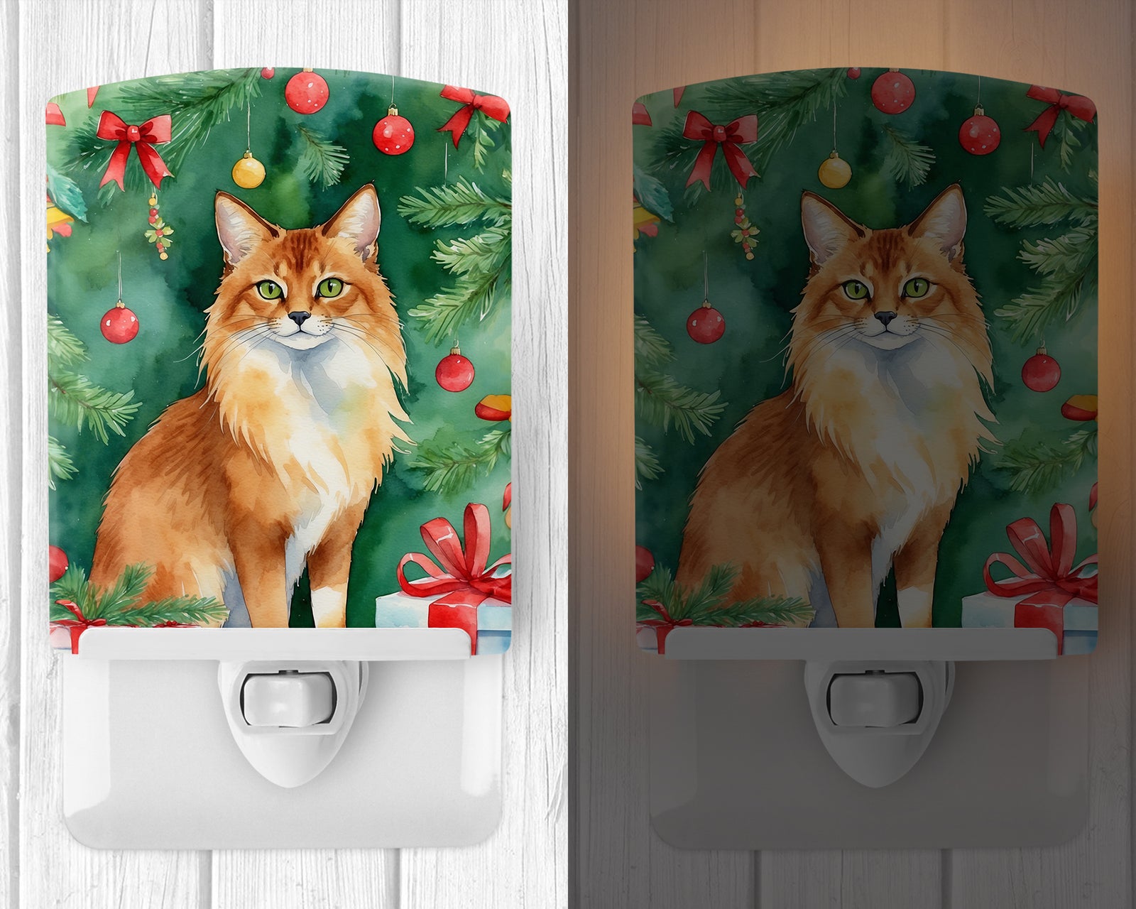Caroline's Treasures Somali Cat By the Christmas Tree Ceramic Night Light