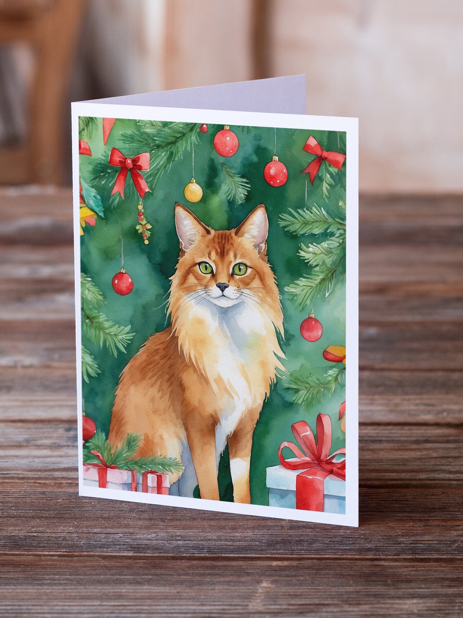 Caroline's Treasures Somali Cat By the Christmas Tree Greeting Cards - Blank Note Cards – 8-Pack of Artist-Designed Cards with Envelopes