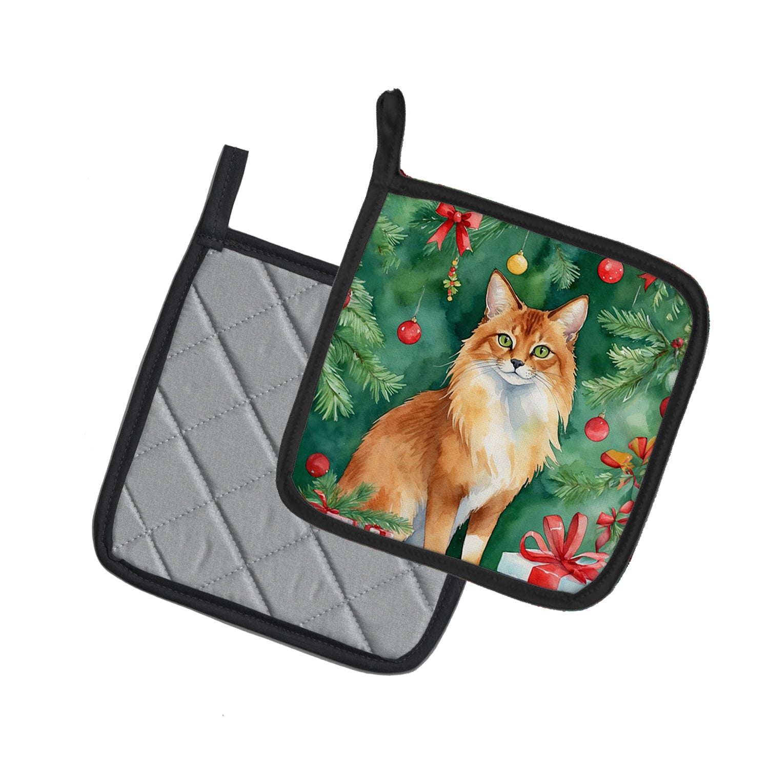 Caroline's Treasures Somali Cat By the Christmas Tree Pot Holders - Set of 2 Decorative Kitchen Helpers | Made in the USA