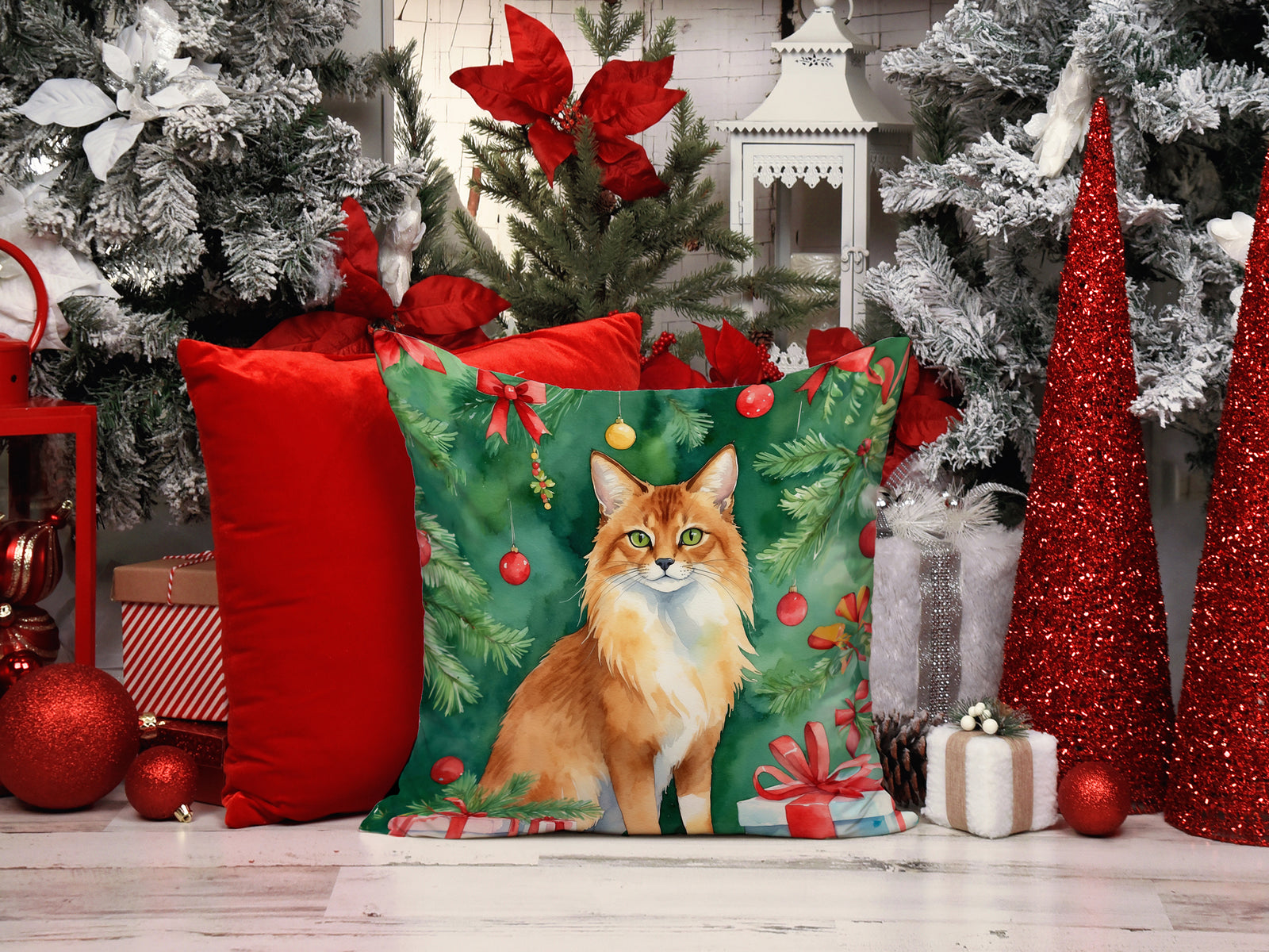 Caroline's Treasures Somali Cat By the Christmas Tree Throw Pillow