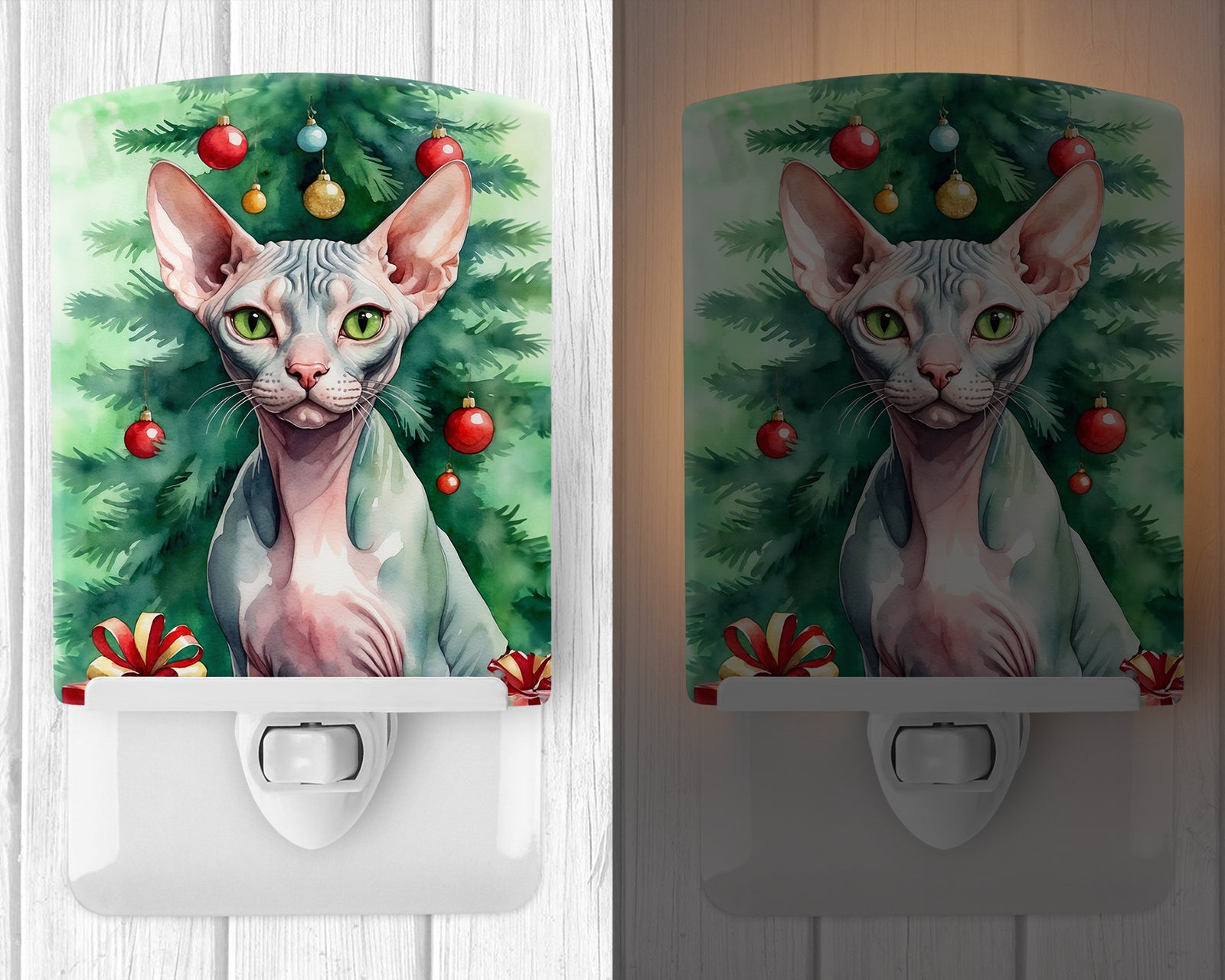 Caroline's Treasures Sphynx Cat By the Christmas Tree Ceramic Night Light