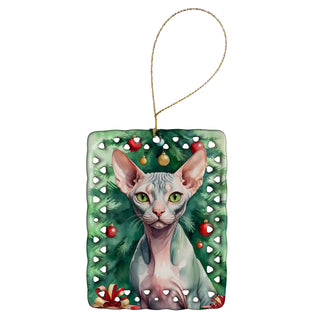Caroline's Treasures Sphynx Cat By the Christmas Tree Porcelain Ornament