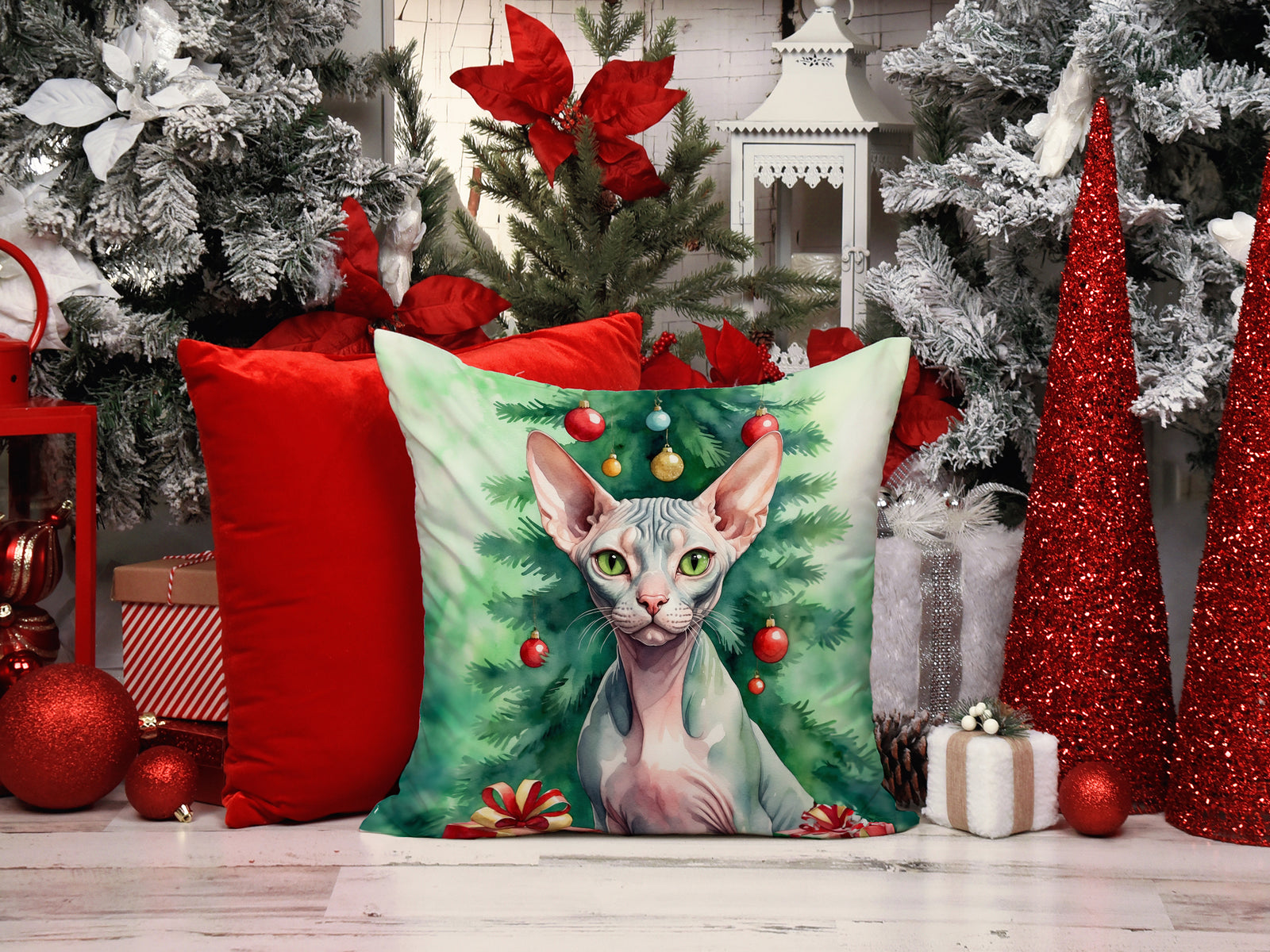 Caroline's Treasures Sphynx Cat By the Christmas Tree Throw Pillow