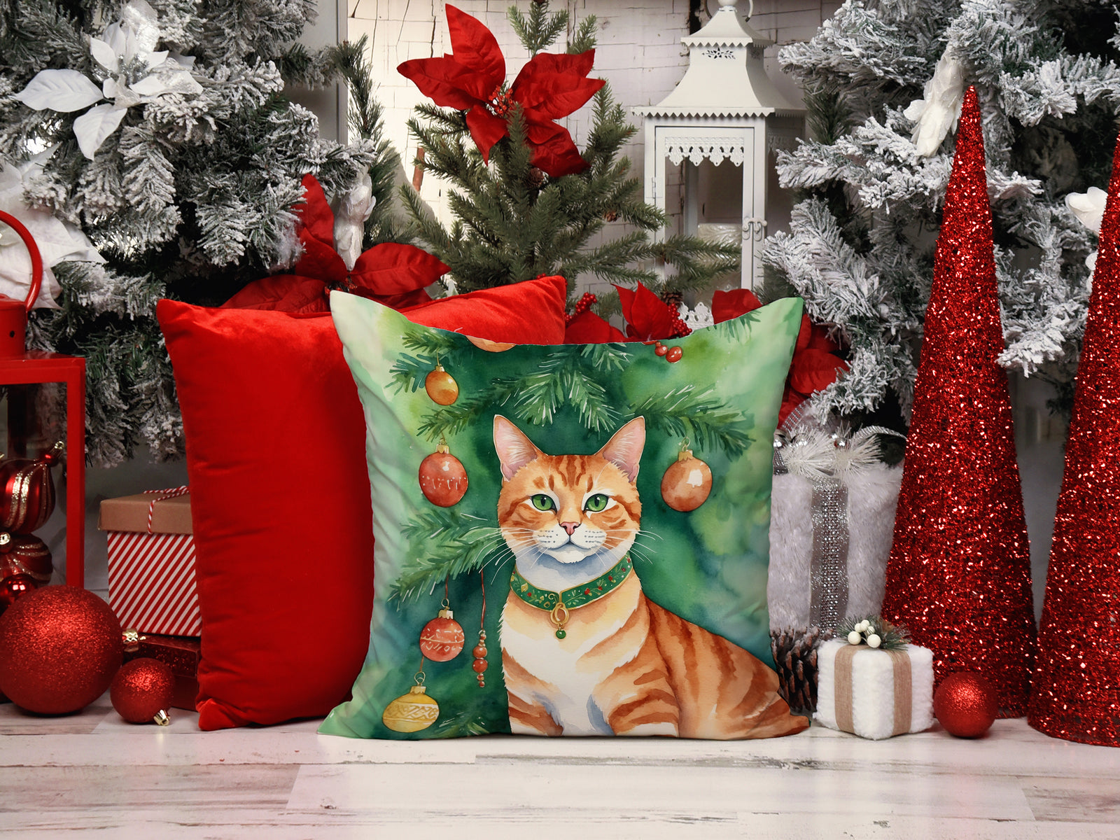 Caroline's Treasures Suphalak Cat By the Christmas Tree Throw Pillow