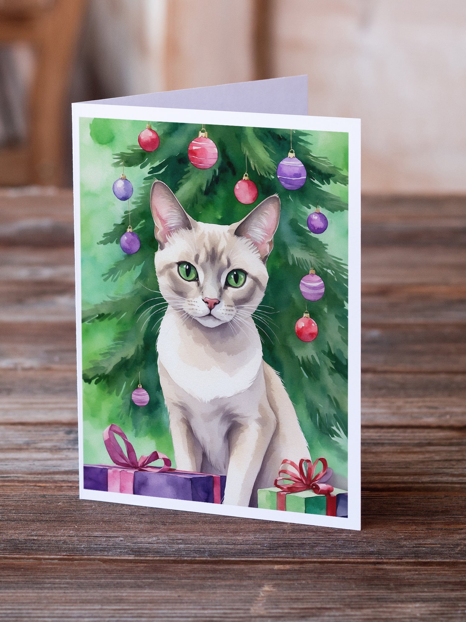 Caroline's Treasures Thai Lilac Cat By the Christmas Tree Greeting Cards - Blank Note Cards – 8-Pack of Artist-Designed Cards with Envelopes