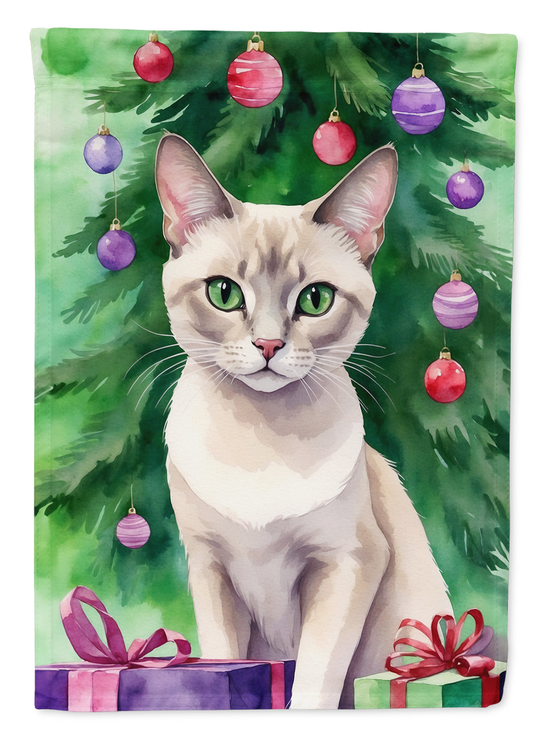 Caroline's Treasures Thai Lilac Cat Christmas Garden Flag - Cat by the Christmas Tree - Cat-Themed Holiday Yard Decor