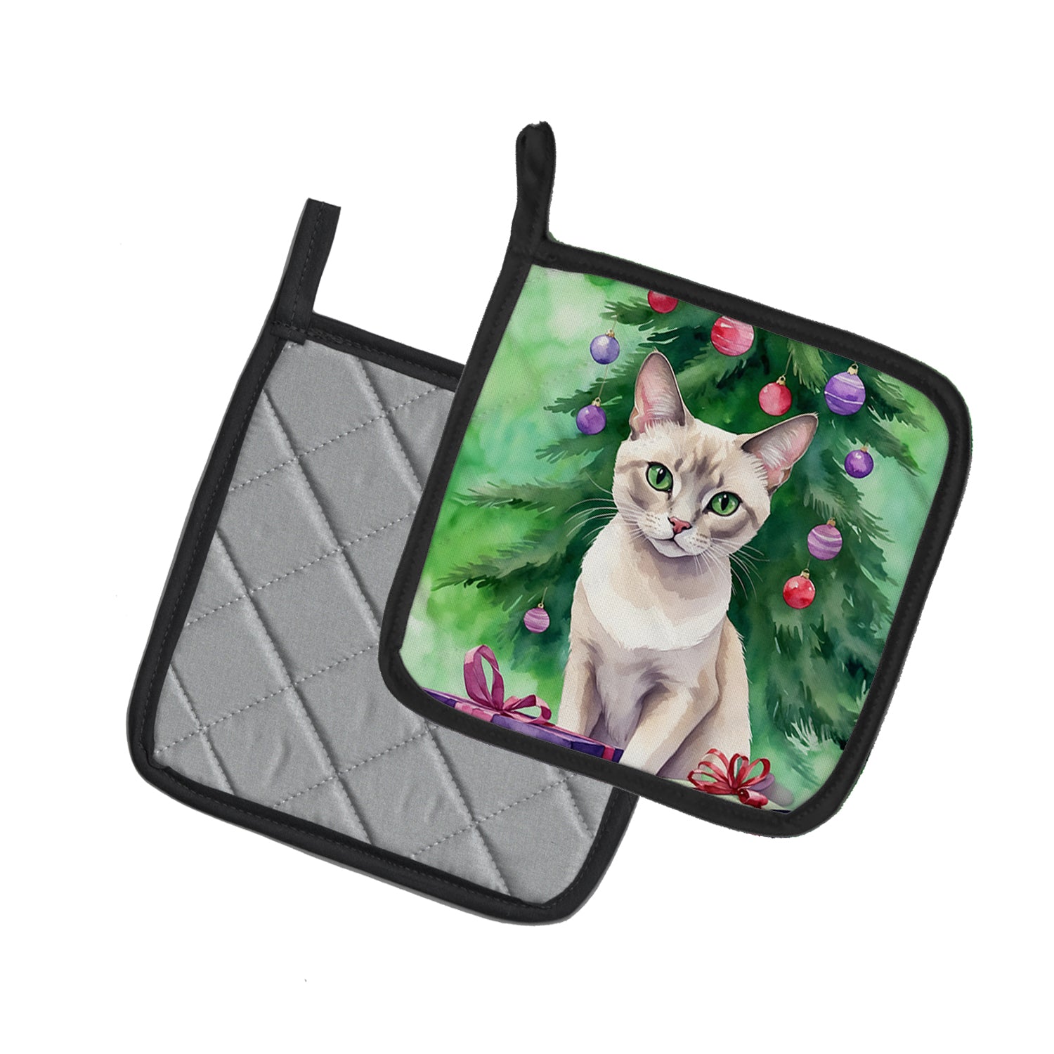 Caroline's Treasures Thai Lilac Cat By the Christmas Tree Pot Holders - Set of 2 Decorative Kitchen Helpers | Made in the USA