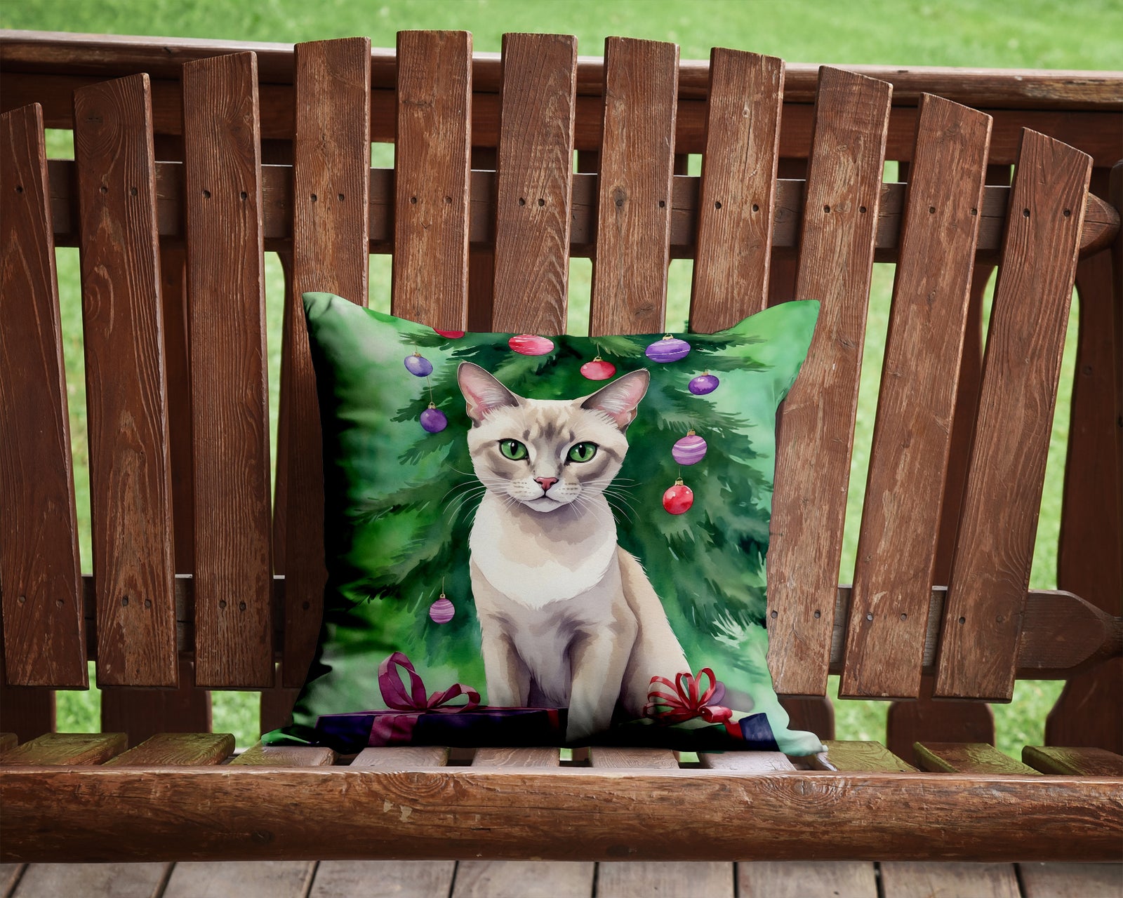 Caroline's Treasures Thai Lilac Cat By the Christmas Tree Throw Pillow - 14x14 Decorative Pillow – Art for Your Home & Patio