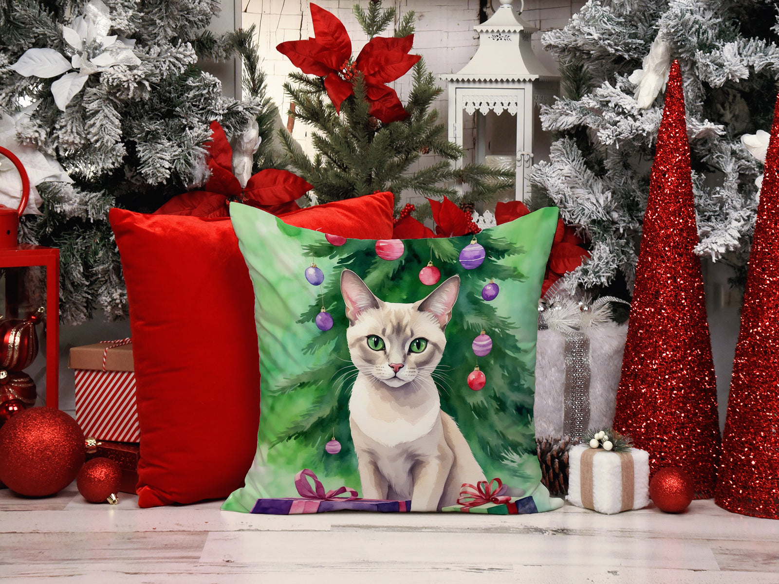 Caroline's Treasures Thai Lilac Cat By the Christmas Tree Throw Pillow
