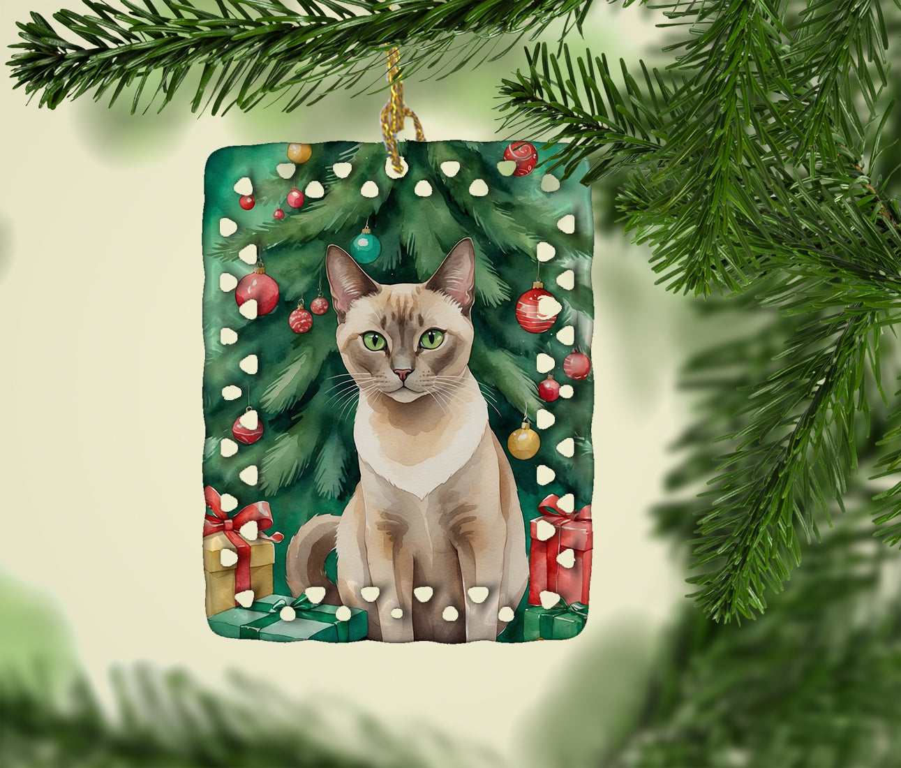 Caroline's Treasures Tonkinese Cat By the Christmas Tree Porcelain Ornament