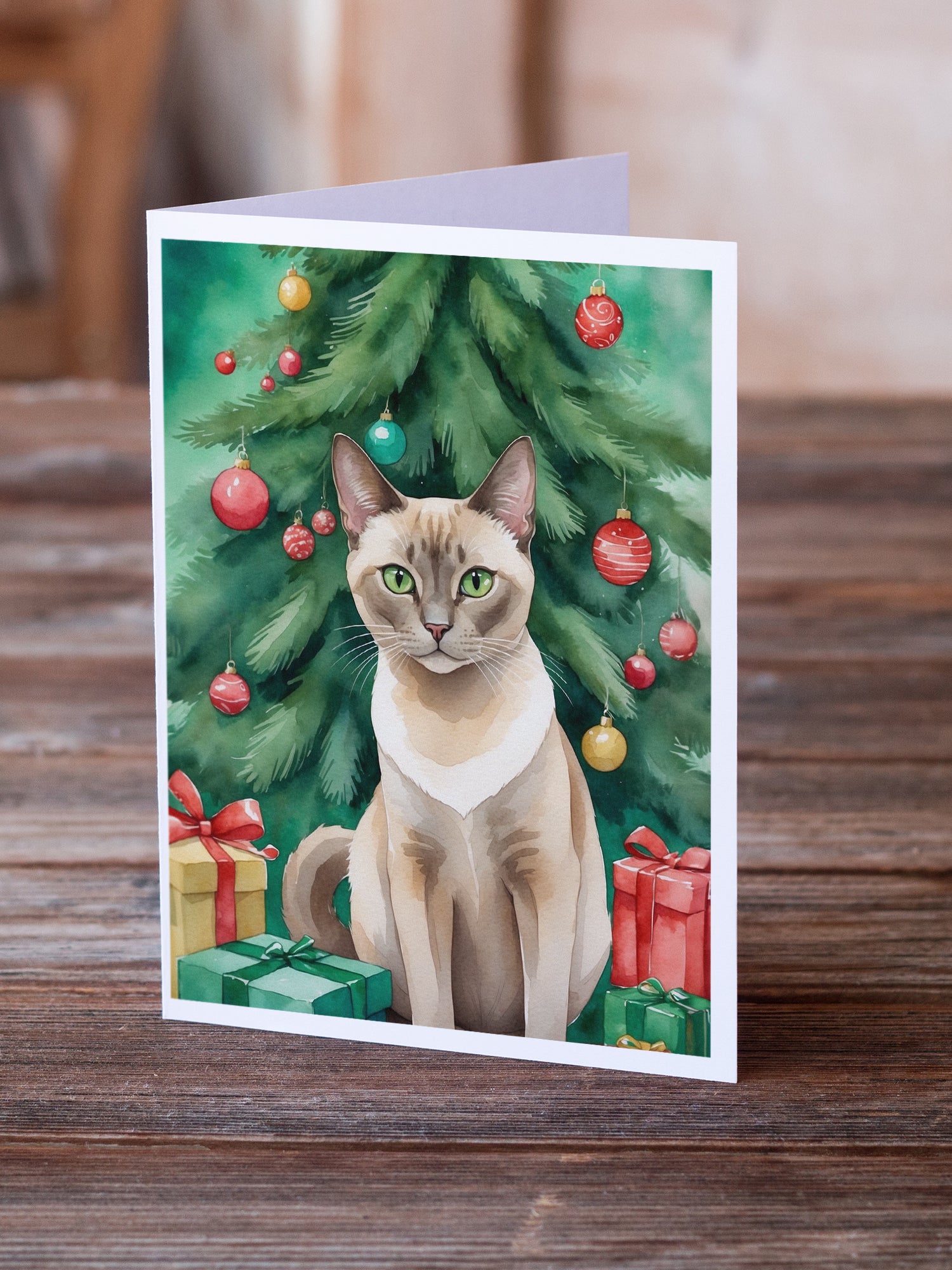 Caroline's Treasures Tonkinese Cat By the Christmas Tree Greeting Cards - Blank Note Cards – 8-Pack of Artist-Designed Cards with Envelopes