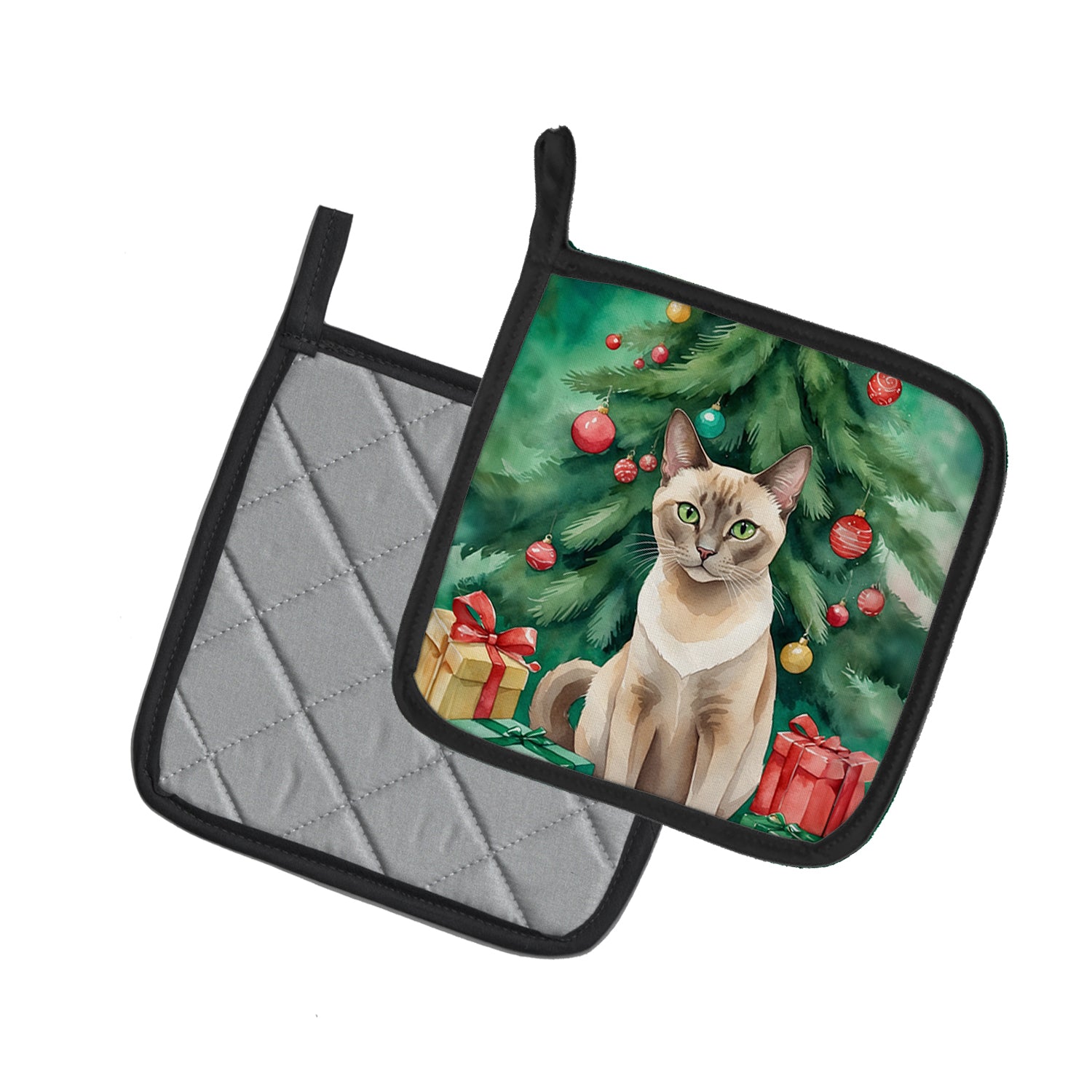 Caroline's Treasures Tonkinese Cat By the Christmas Tree Pot Holders - Set of 2 Decorative Kitchen Helpers | Made in the USA