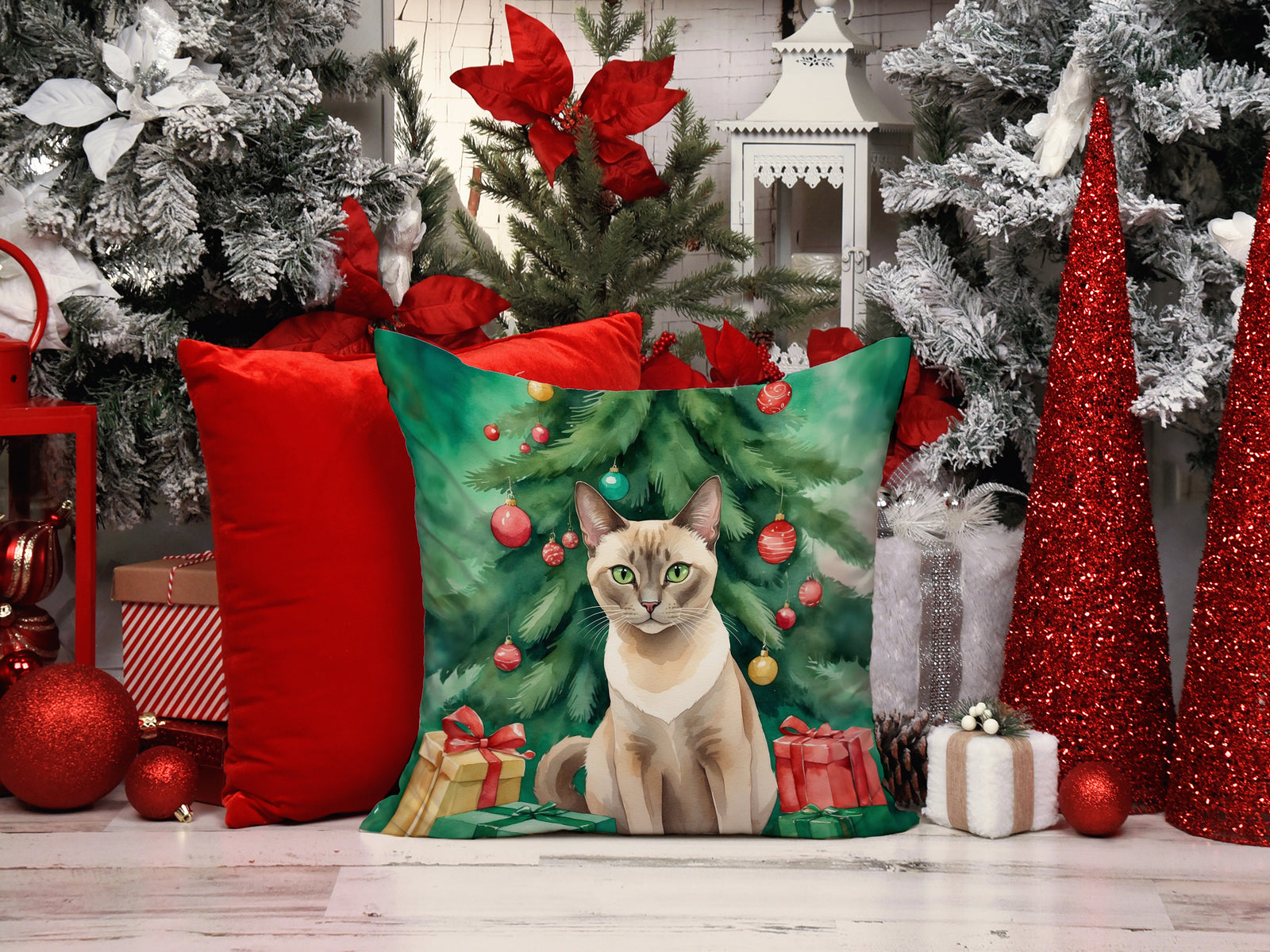 Caroline's Treasures Tonkinese Cat By the Christmas Tree Throw Pillow