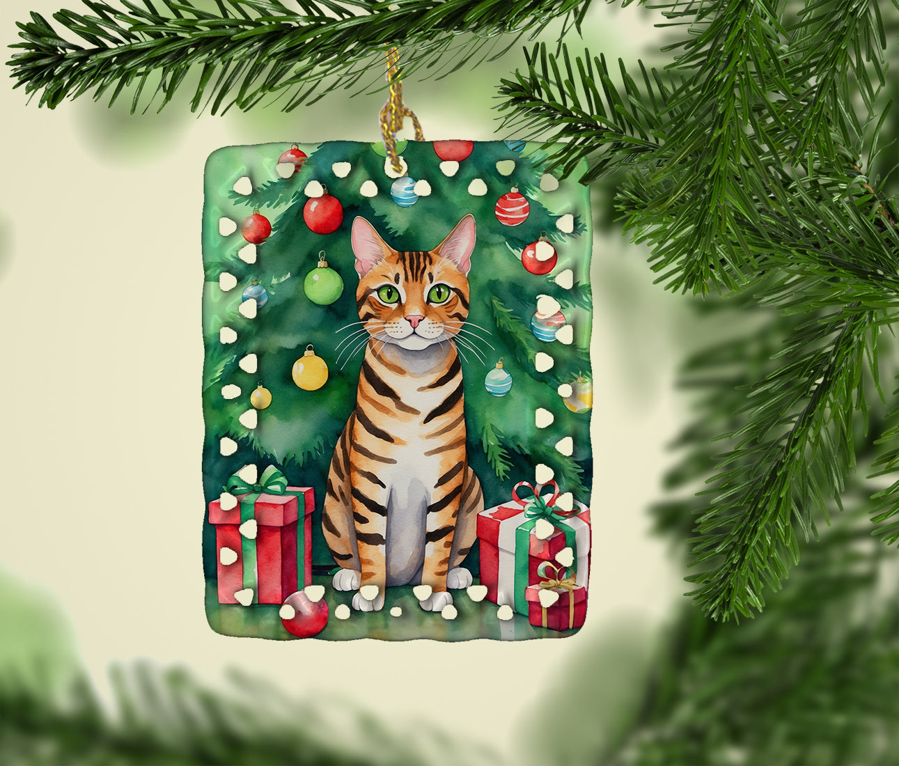 Caroline's Treasures Toyger Cat By the Christmas Tree Porcelain Ornament
