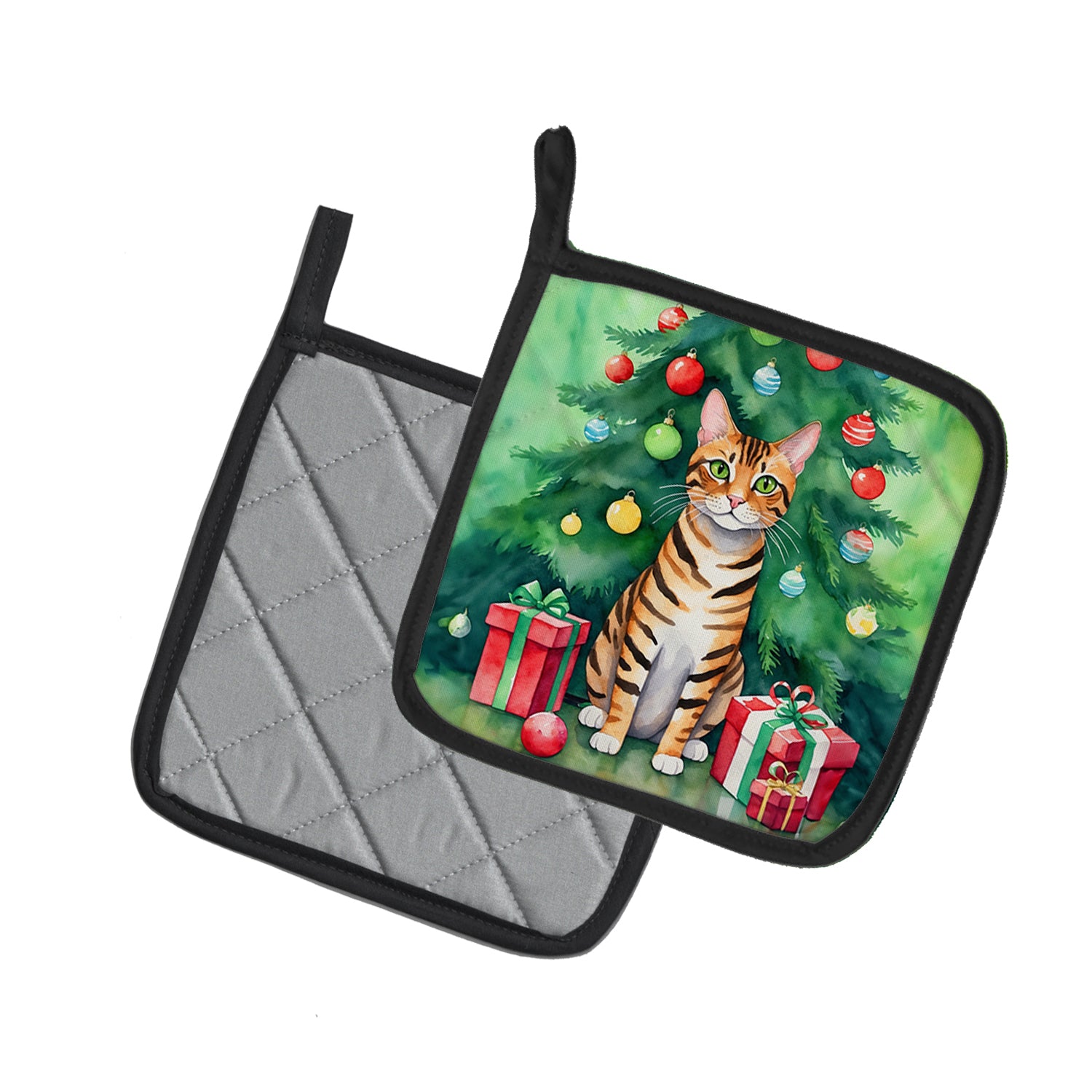 Caroline's Treasures Toyger Cat By the Christmas Tree Pot Holders - Set of 2 Decorative Kitchen Helpers | Made in the USA