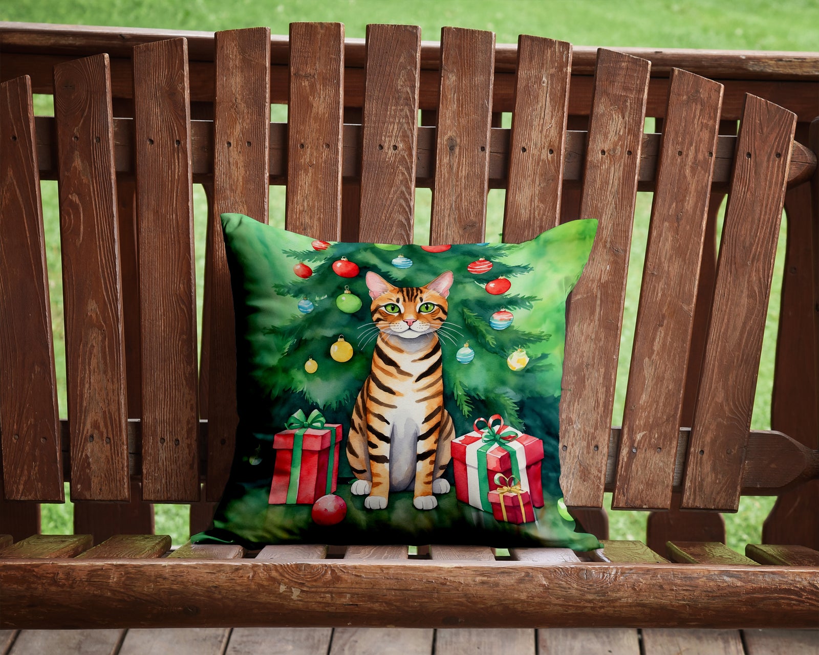 Caroline's Treasures Toyger Cat By the Christmas Tree Throw Pillow - 14x14 Decorative Pillow – Art for Your Home & Patio