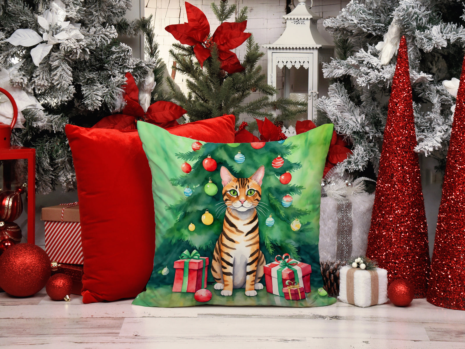 Caroline's Treasures Toyger Cat By the Christmas Tree Throw Pillow