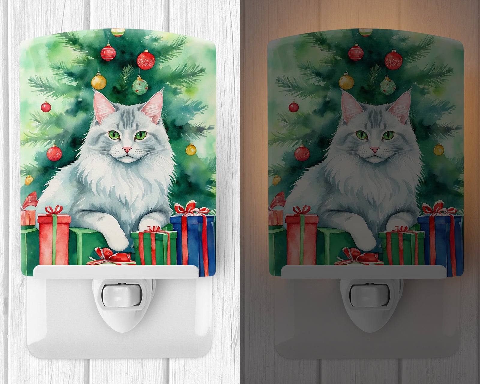 Caroline's Treasures Turkish Angora Cat By the Christmas Tree Ceramic Night Light