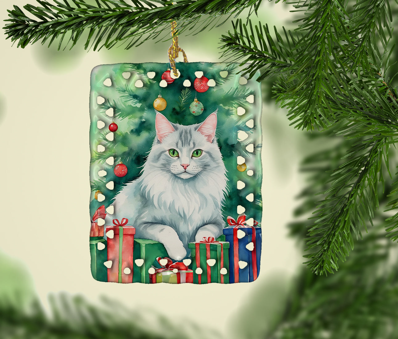 Caroline's Treasures Turkish Angora Cat By the Christmas Tree Porcelain Ornament