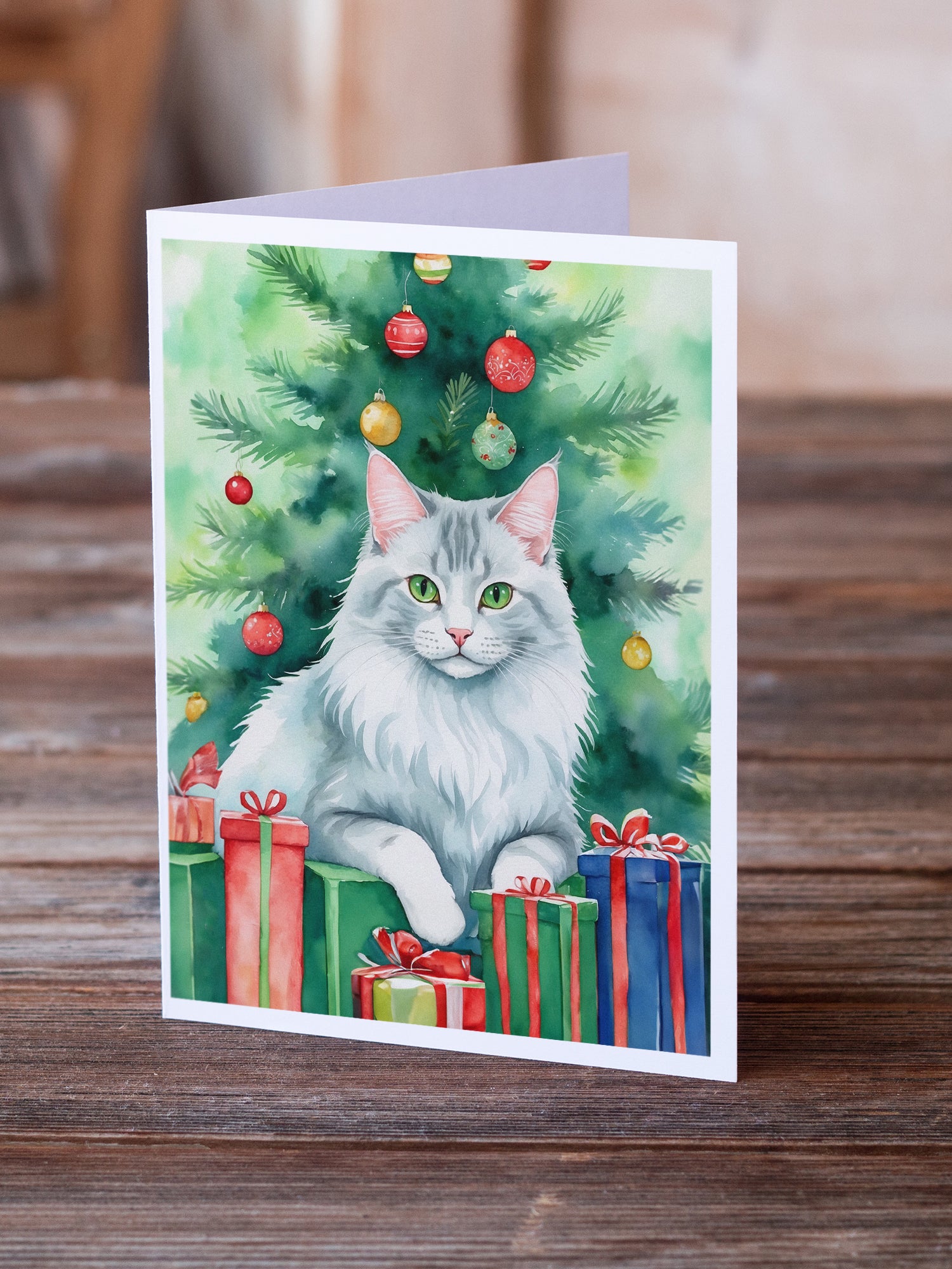 Caroline's Treasures Turkish Angora Cat By the Christmas Tree Greeting Cards - Blank Note Cards – 8-Pack of Artist-Designed Cards with Envelopes