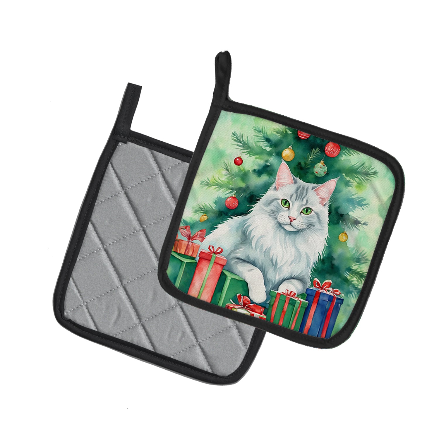 Caroline's Treasures Turkish Angora Cat By the Christmas Tree Pot Holders - Set of 2 Decorative Kitchen Helpers | Made in the USA