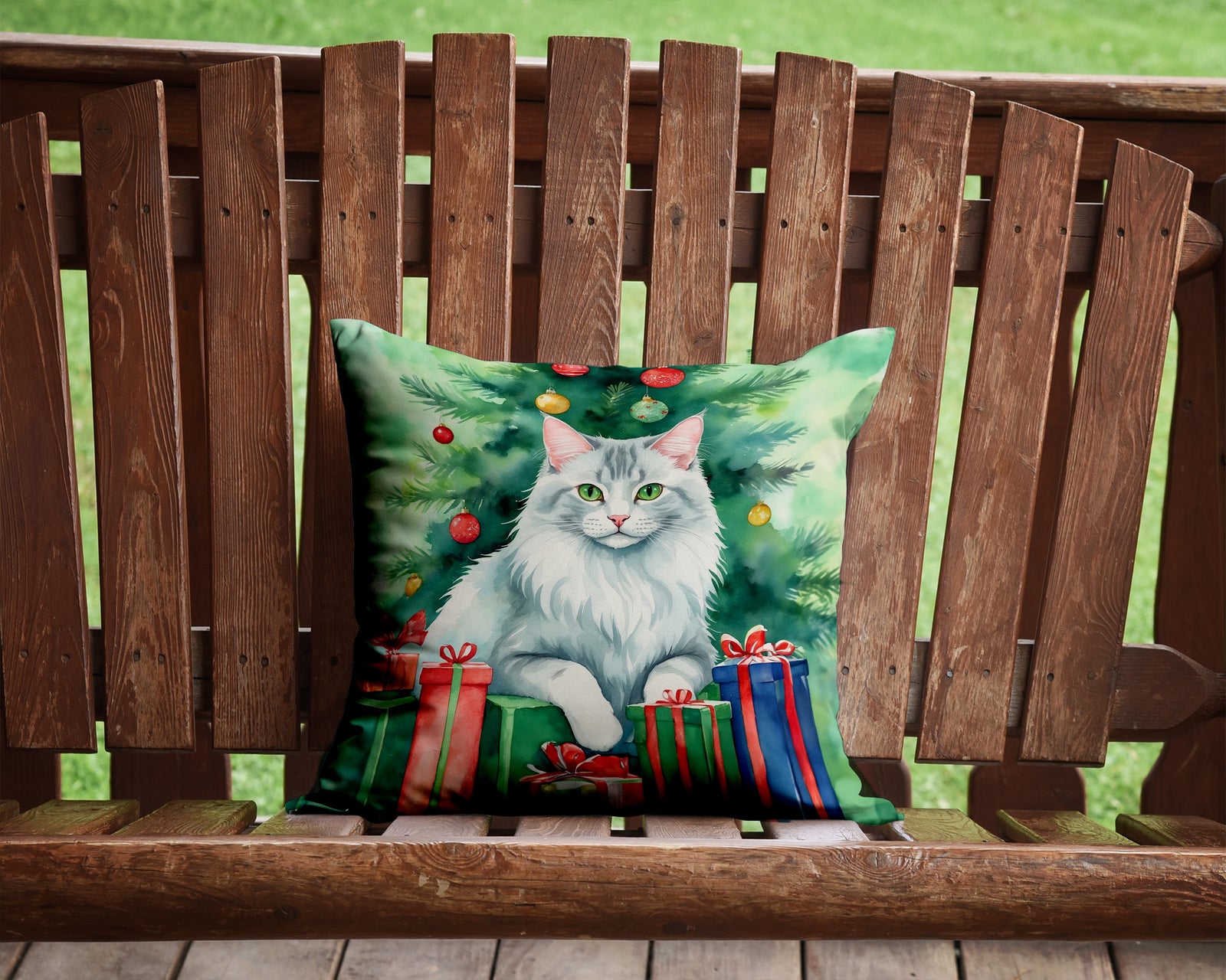 Caroline's Treasures Turkish Angora Cat By the Christmas Tree Throw Pillow - 14x14 Decorative Pillow – Art for Your Home & Patio