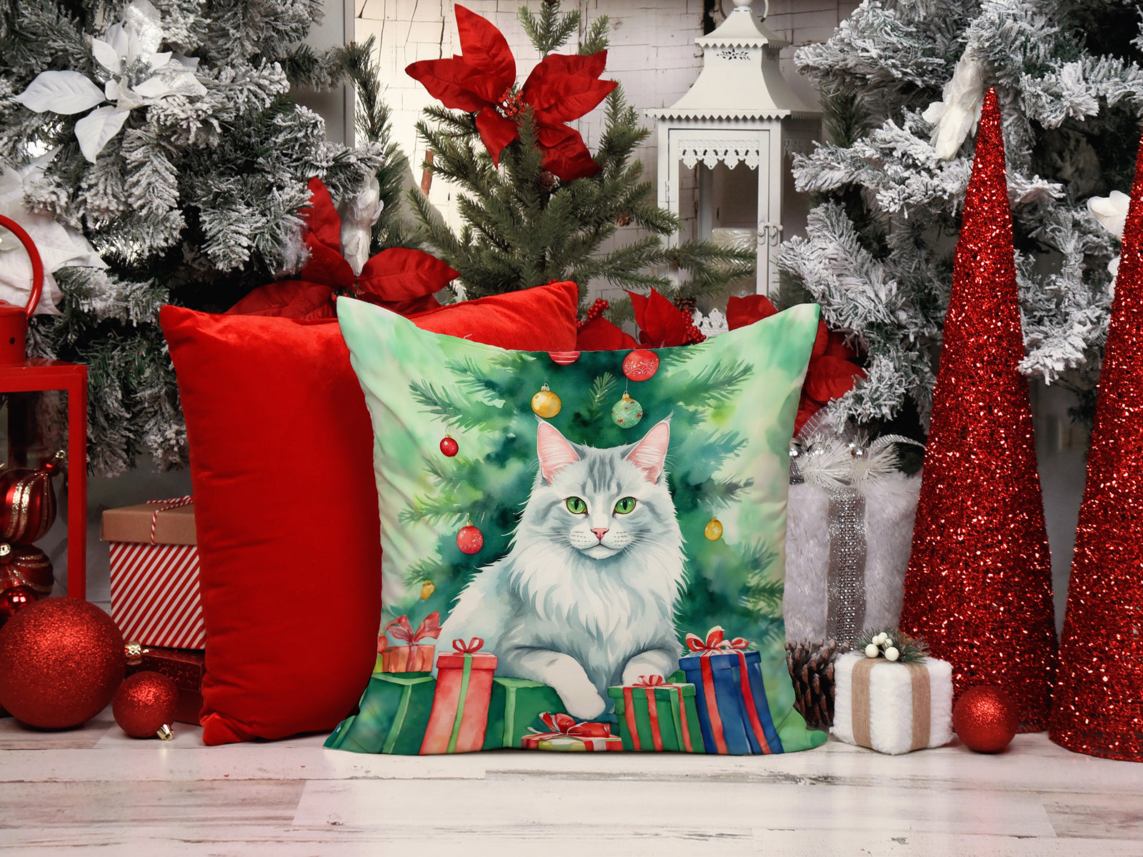 Caroline's Treasures Turkish Angora Cat By the Christmas Tree Throw Pillow