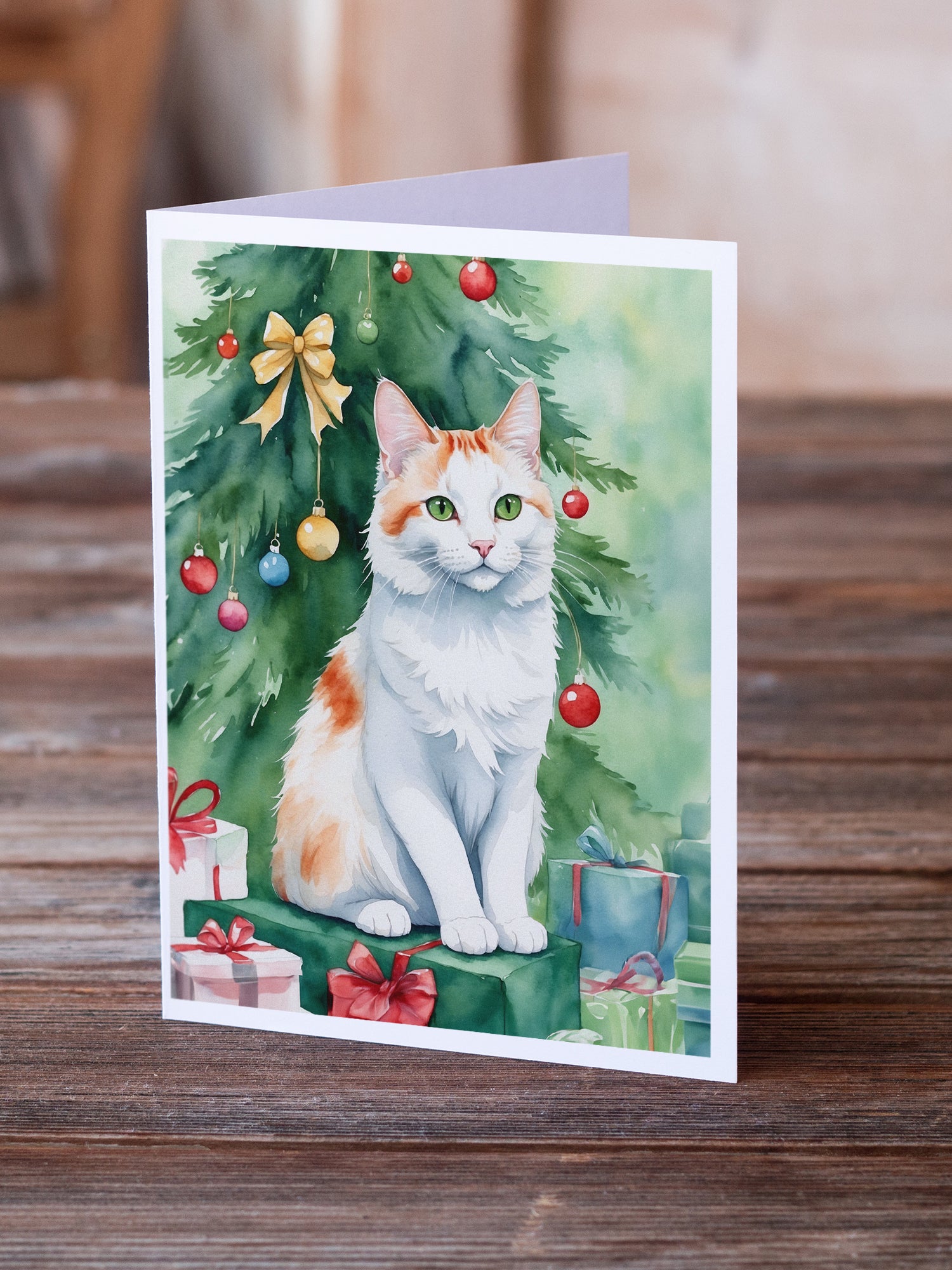 Caroline's Treasures Turkish Van Cat By the Christmas Tree Greeting Cards - Blank Note Cards – 8-Pack of Artist-Designed Cards with Envelopes