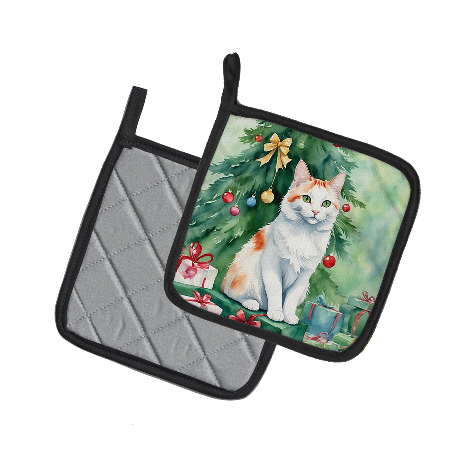Caroline's Treasures Turkish Van Cat By the Christmas Tree Pot Holders - Set of 2 Decorative Kitchen Helpers | Made in the USA