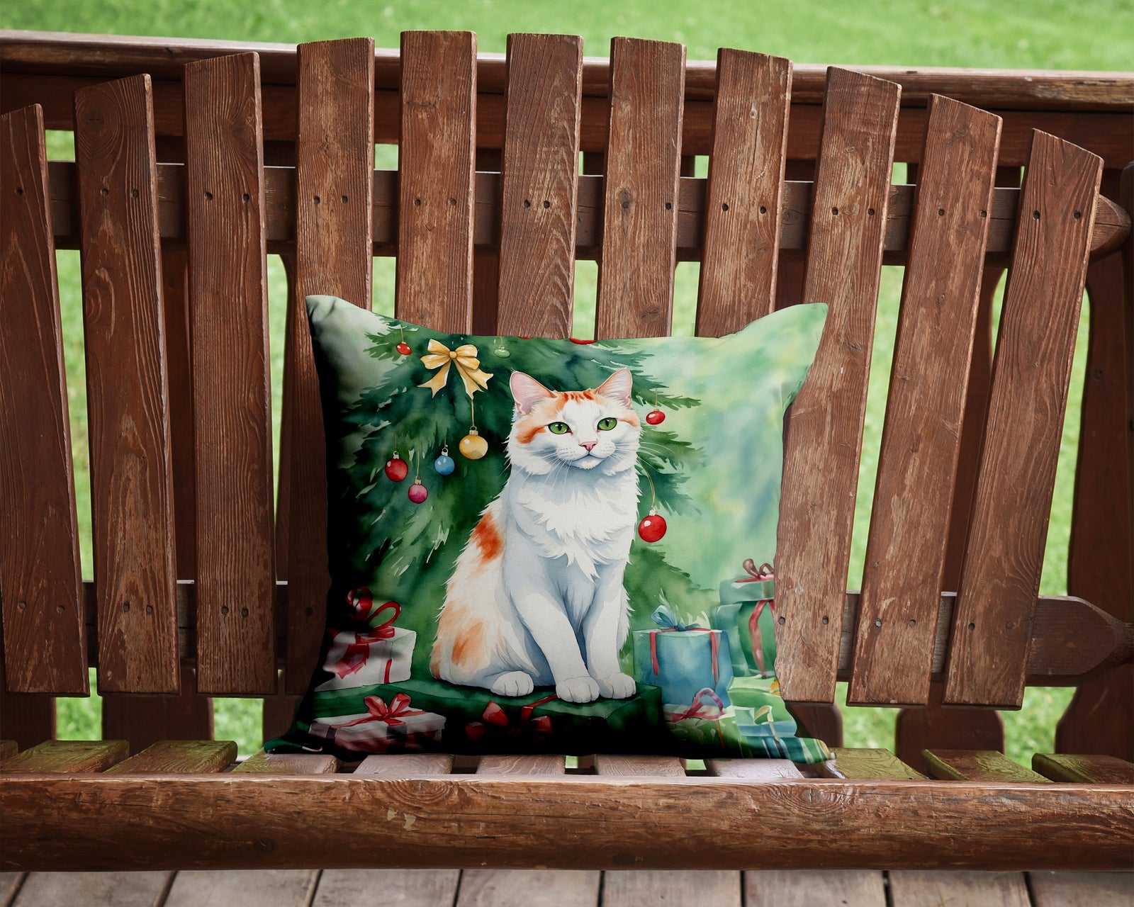 Caroline's Treasures Turkish Van Cat By the Christmas Tree Throw Pillow - 14x14 Decorative Pillow – Art for Your Home & Patio