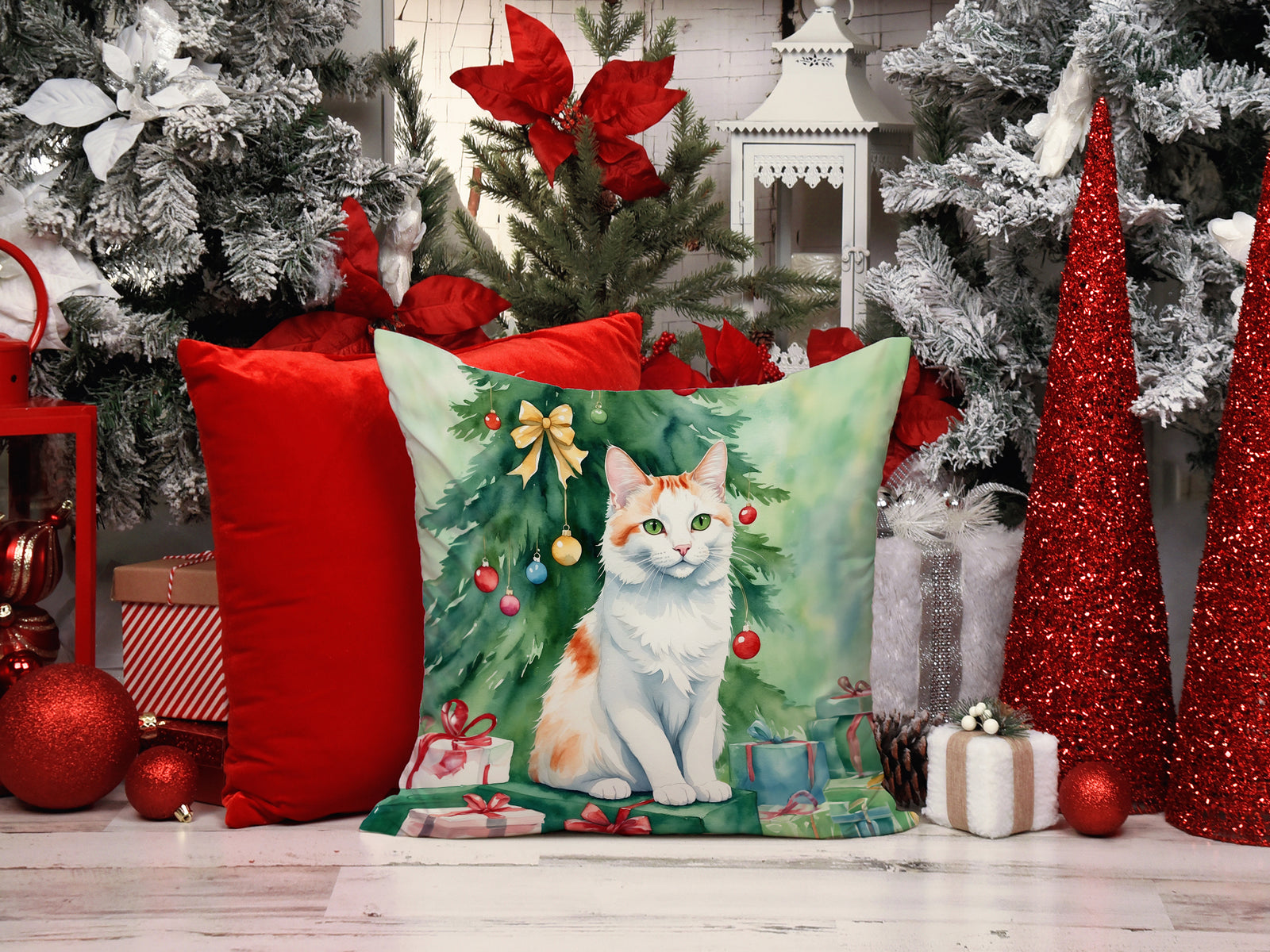 Caroline's Treasures Turkish Van Cat By the Christmas Tree Throw Pillow