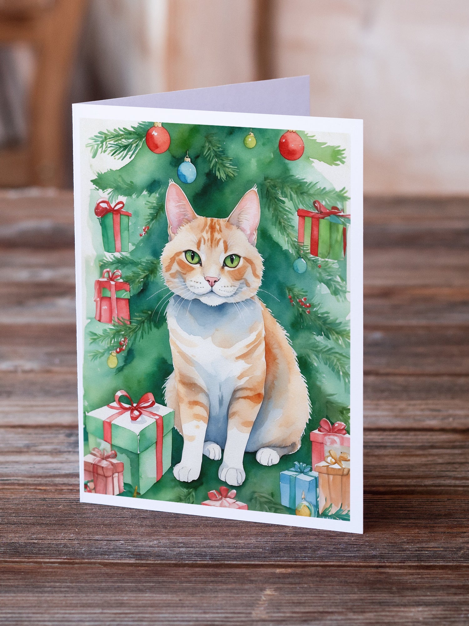 Caroline's Treasures Ural Rex Cat By the Christmas Tree Greeting Cards - Blank Note Cards – 8-Pack of Artist-Designed Cards with Envelopes