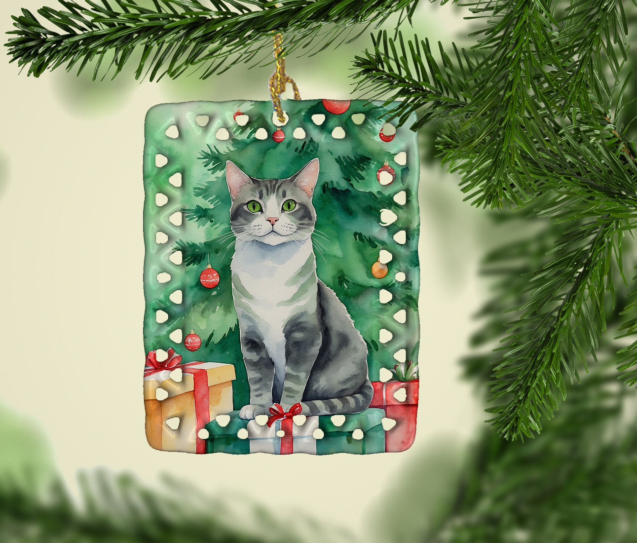 Caroline's Treasures Ural Rex Cat By the Christmas Tree Porcelain Ornament