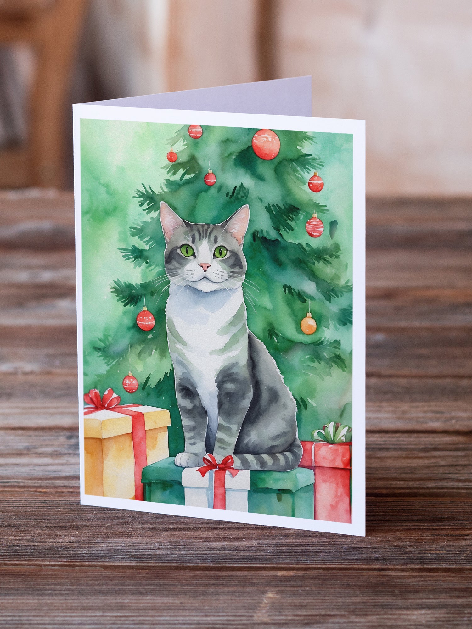 Caroline's Treasures Ural Rex Cat By the Christmas Tree Greeting Cards - Blank Note Cards – 8-Pack of Artist-Designed Cards with Envelopes