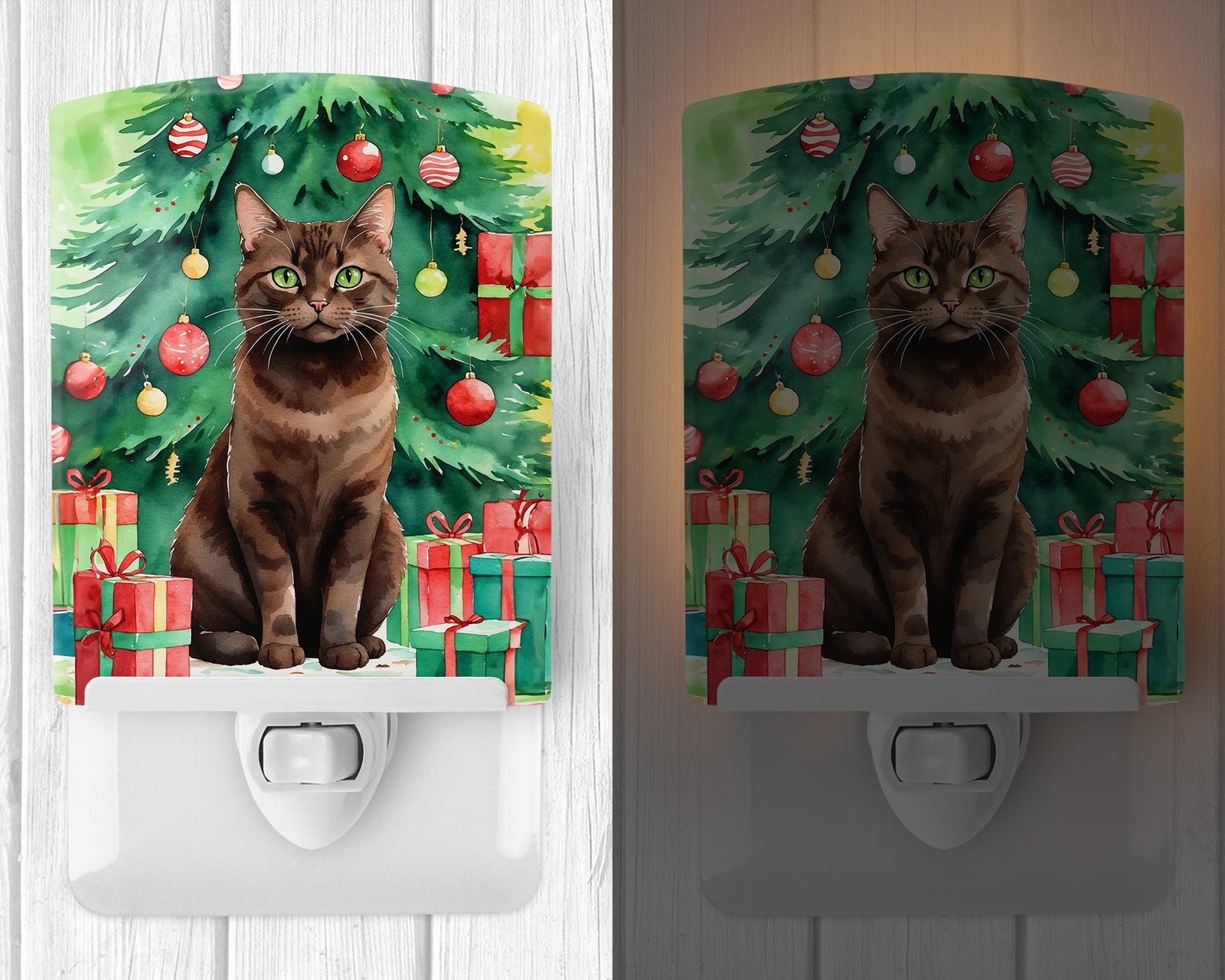 Caroline's Treasures York Chocolate Cat By the Christmas Tree Ceramic Night Light