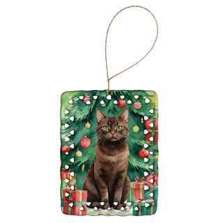Caroline's Treasures York Chocolate Cat By the Christmas Tree Porcelain Ornament